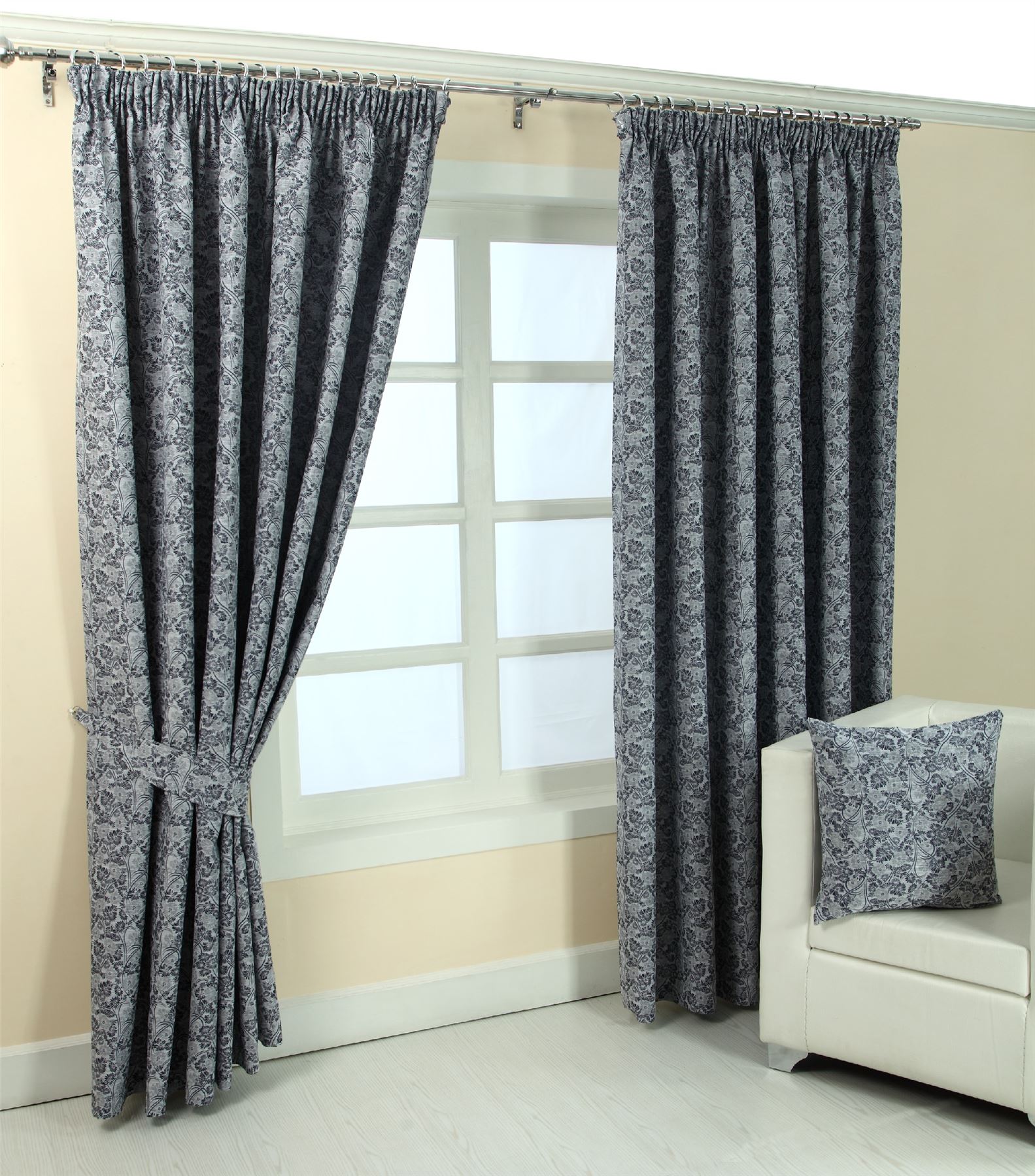 Pencil Pleat Jacquard Vintage Floral Curtains Fully Lined Blue