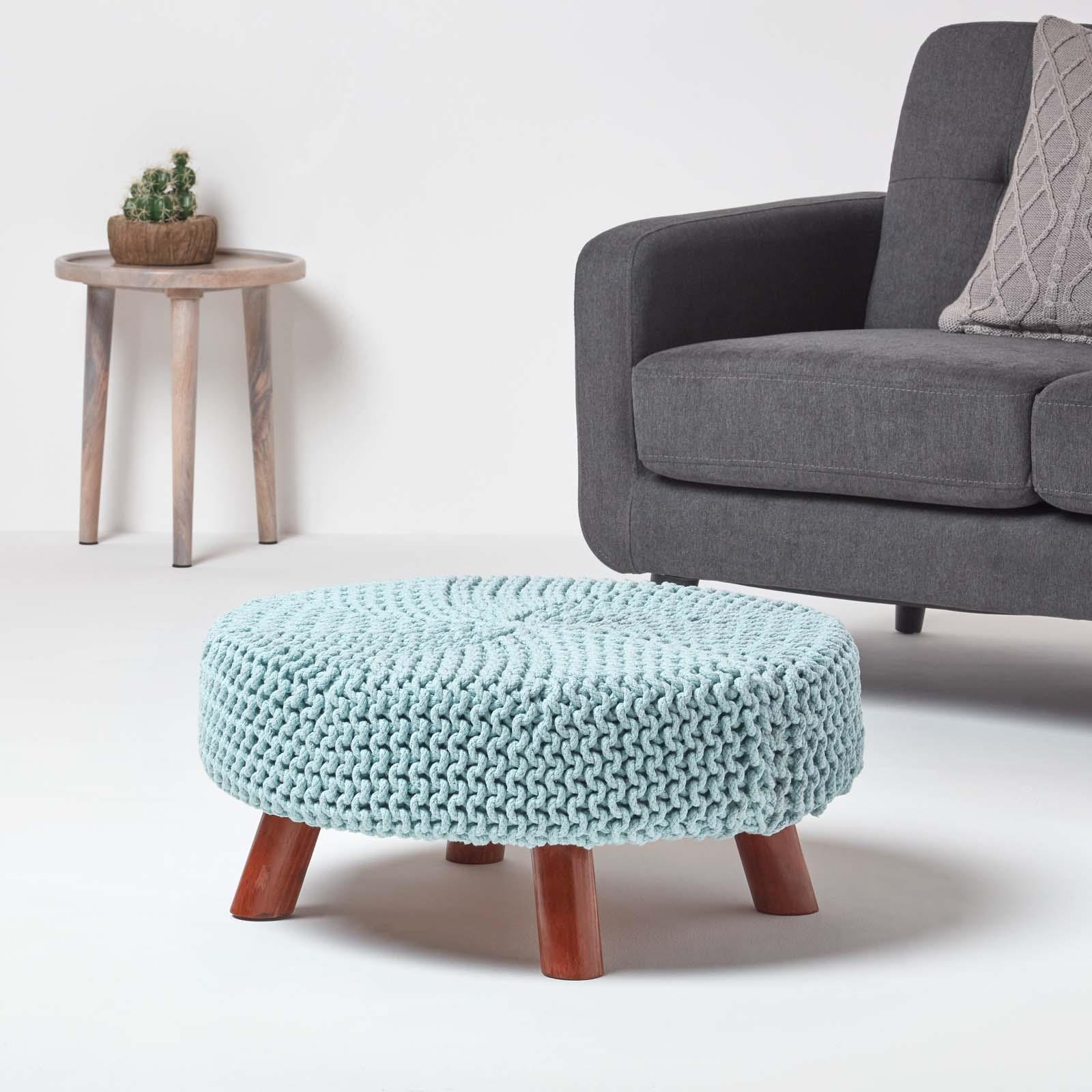 Round Knitted Footstool 100% Cotton Flat Circular with 4 Support Wooden Legs - Picture 63 of 108