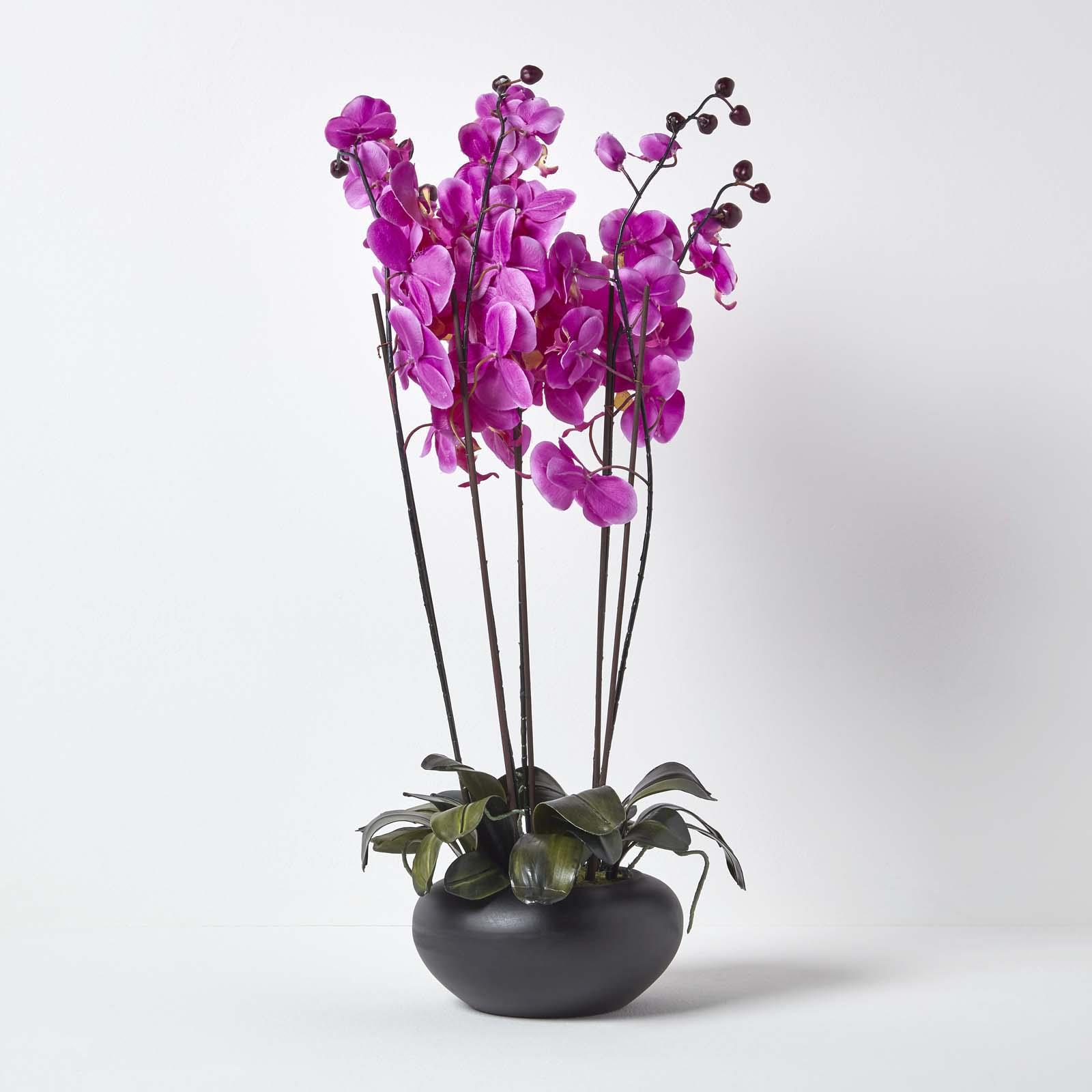 38cm Artificial Orchid in Black Ceramic Bowl Planter LEAF-7411