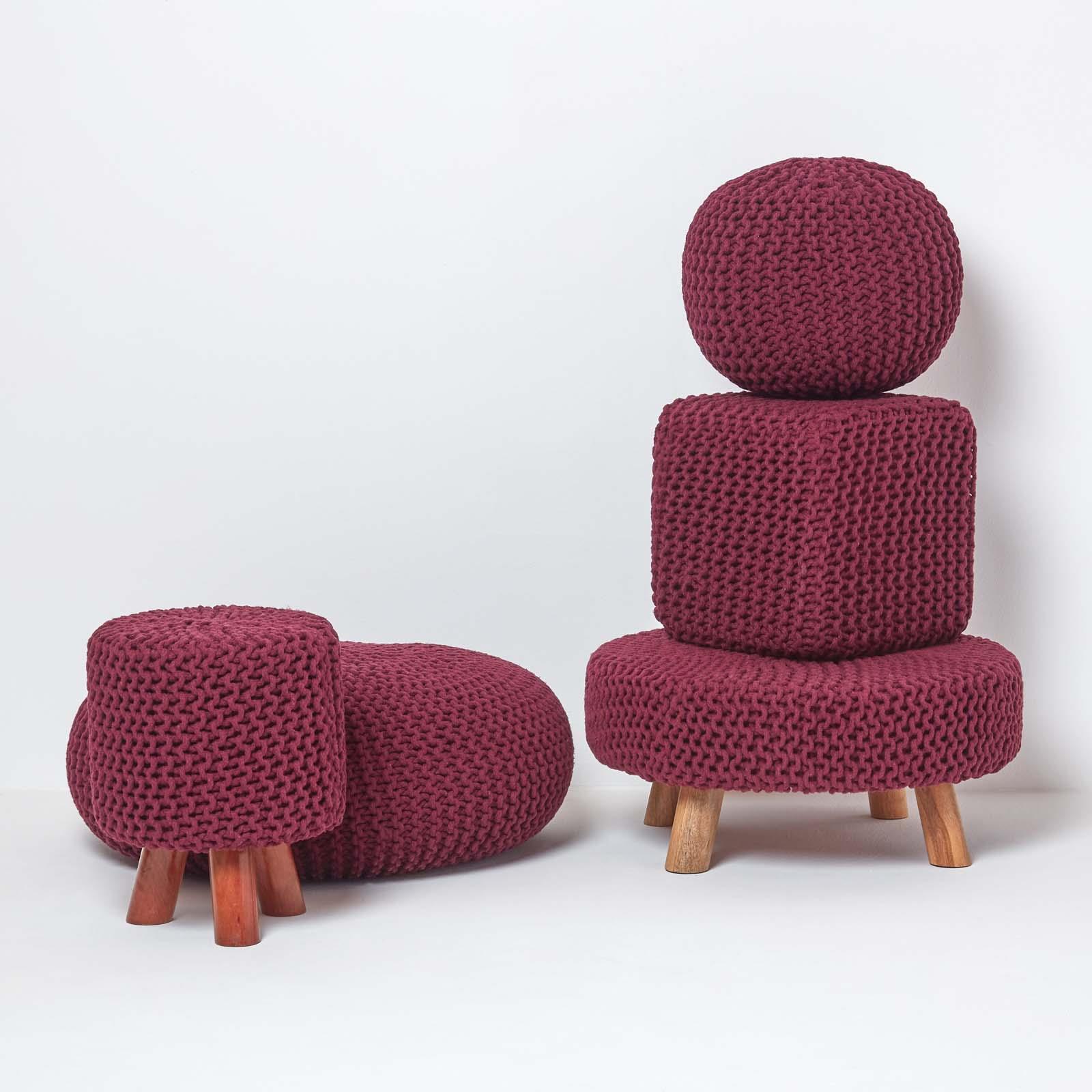 Large Round Cotton Knitted Pouffes Footstools Red, Yellow, Black, Grey, Natural - Picture 89 of 108