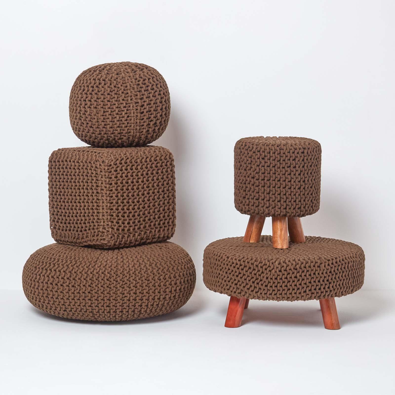 Large Round Cotton Knitted Pouffes Footstools Red, Yellow, Black, Grey, Natural - Picture 18 of 108
