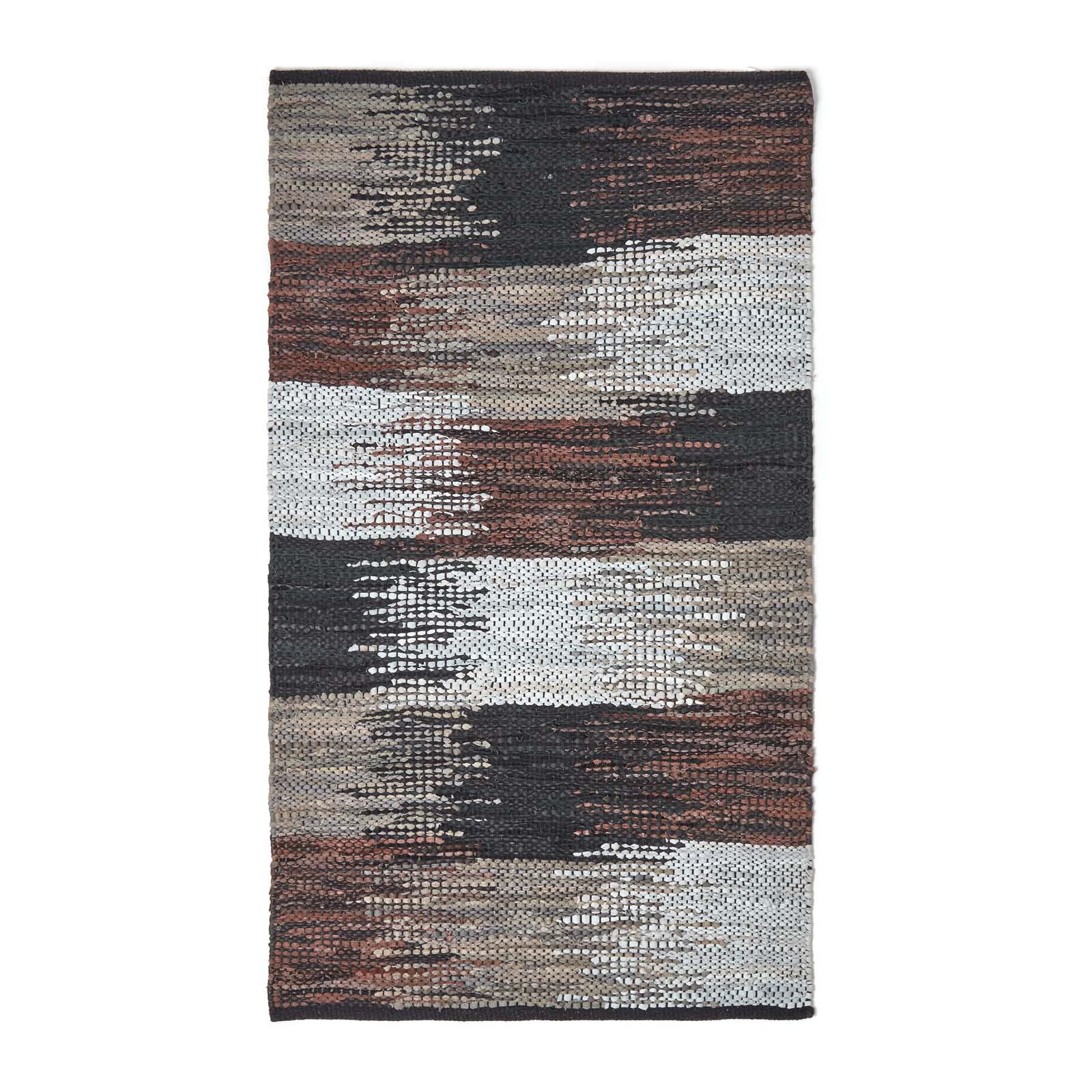 Black, Grey & Brown Handwoven Cutshuttle Design Eco Friendly Real Leather Rug - Picture 7 of 20