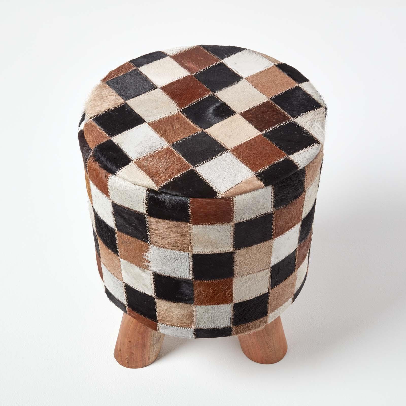 Genuine Leather Brown Check Design Bean Filled Pouffe and Footstool - Picture 4 of 11
