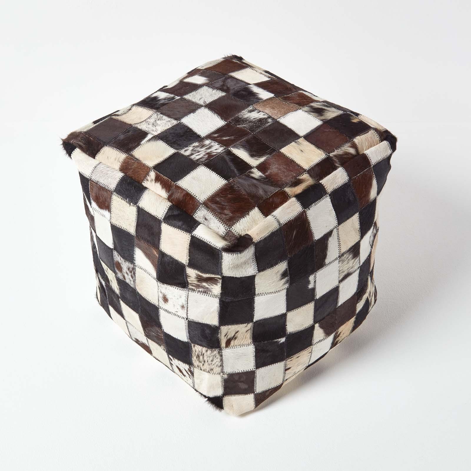 Genuine Leather Brown Check Design Bean Filled Pouffe and Footstool - Picture 9 of 11