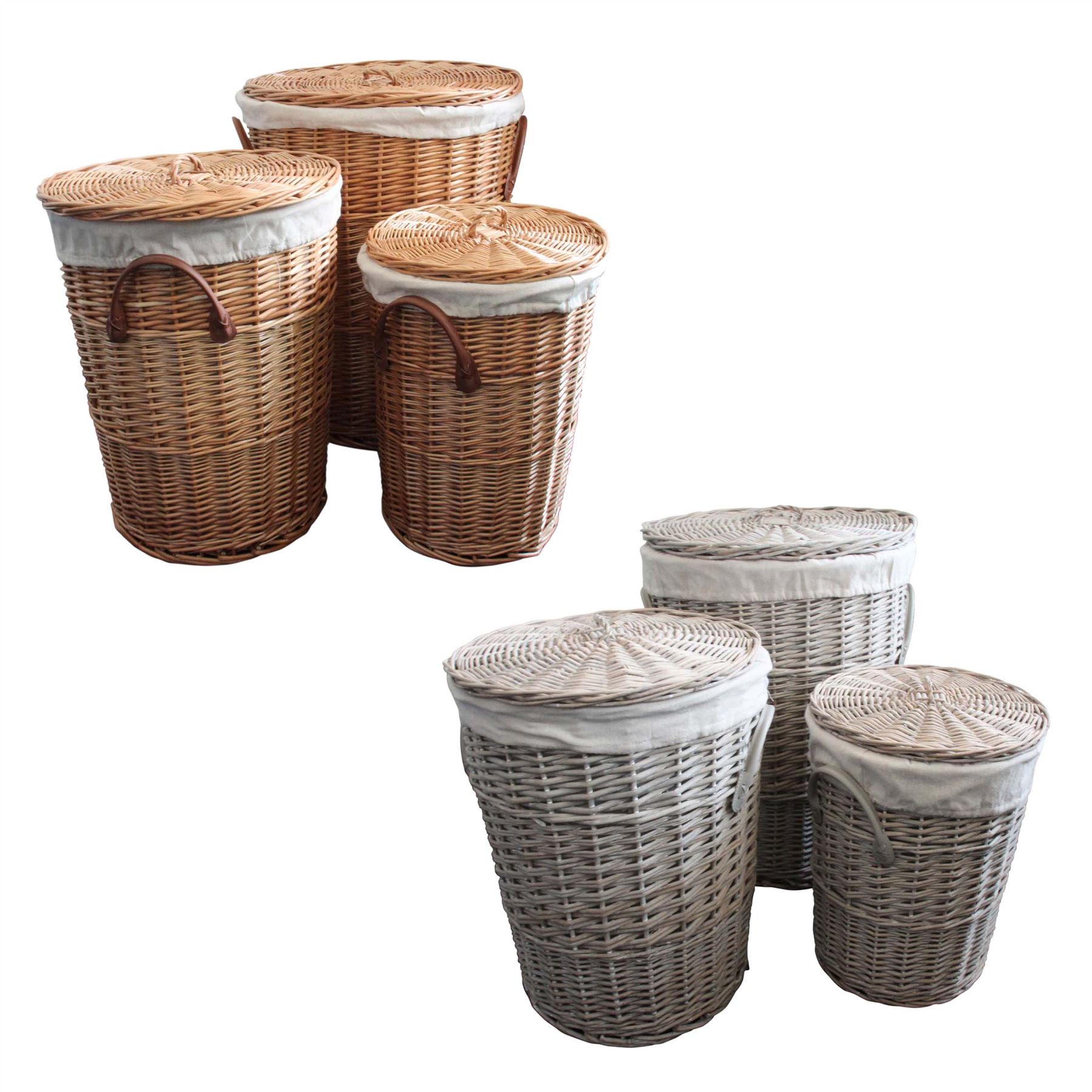 Set of 3 Round Willow Wicker Laundry Storage Baskets Grey & Natural eBay