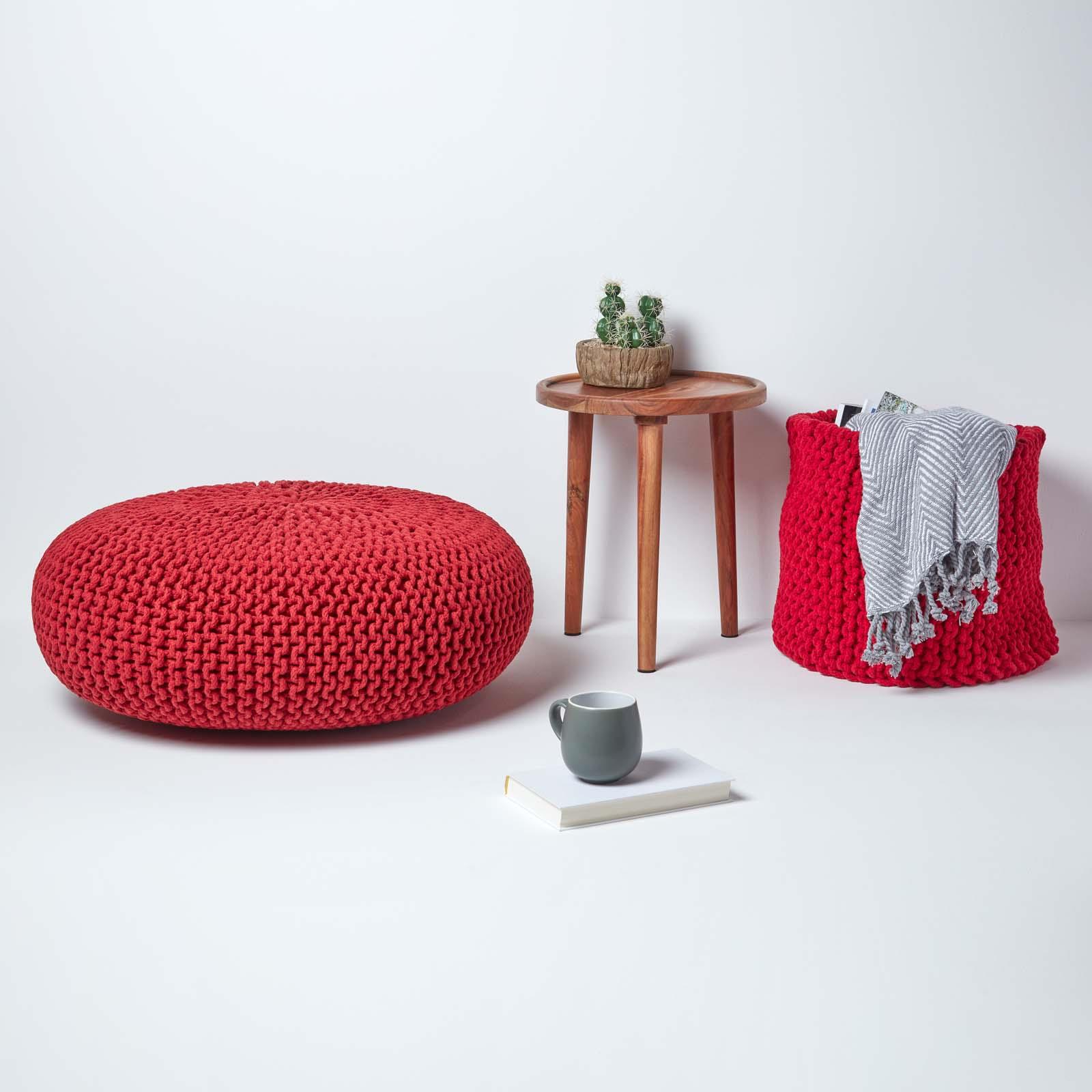 Large Round Cotton Knitted Pouffes Footstools Red, Yellow, Black, Grey, Natural - Picture 96 of 108