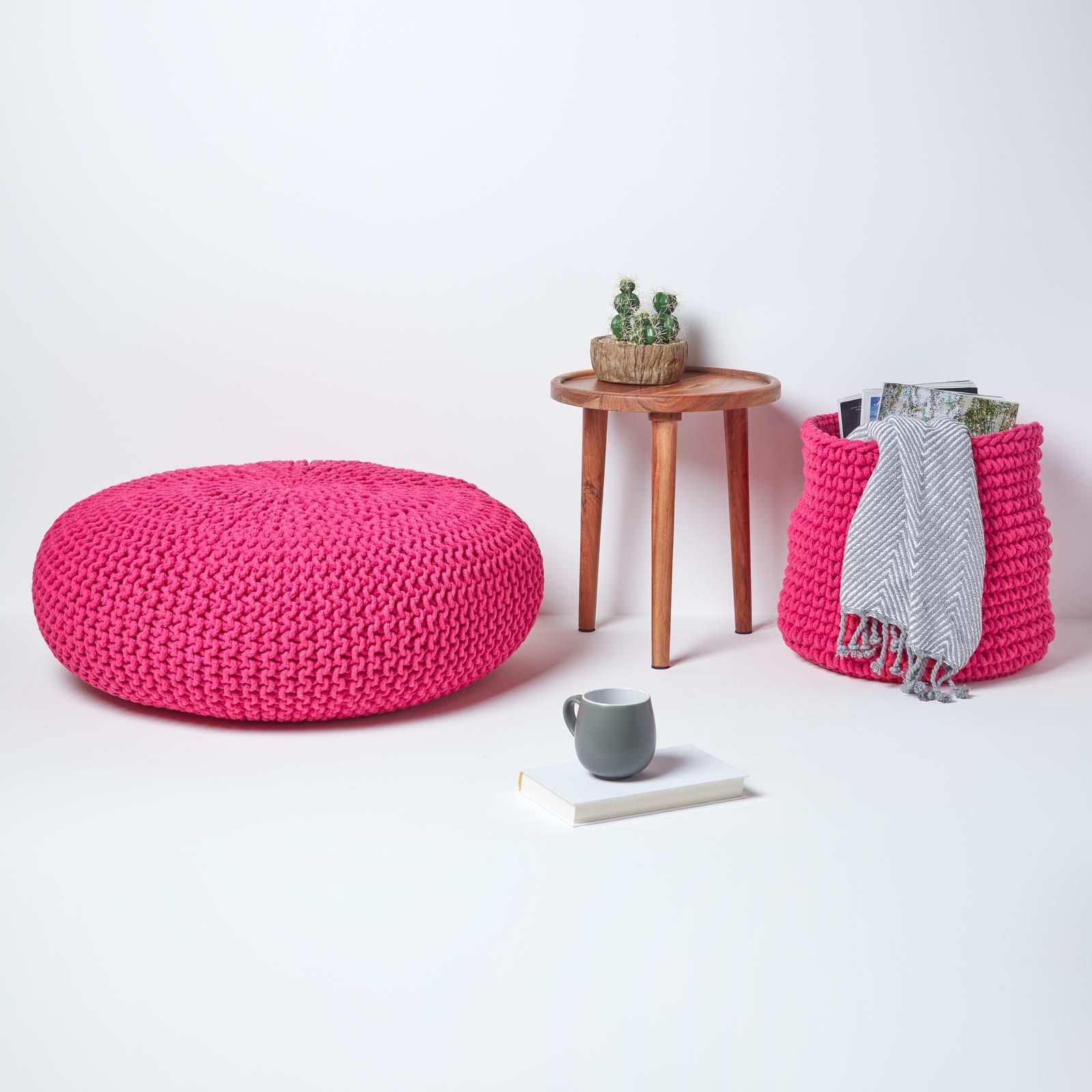 Large Round Cotton Knitted Pouffes Footstools Red, Yellow, Black, Grey, Natural - Picture 43 of 108