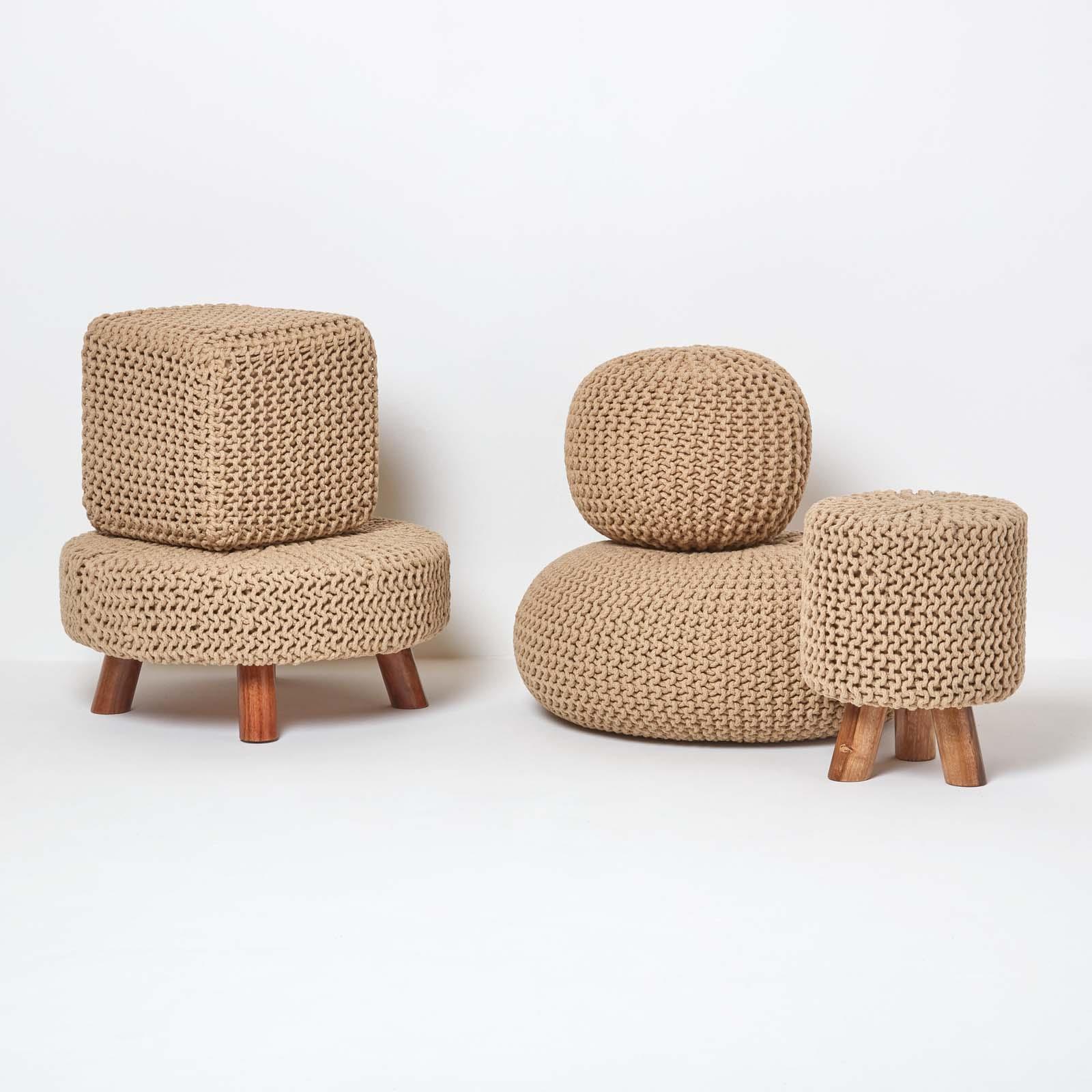 Large Round Cotton Knitted Pouffes Footstools Red, Yellow, Black, Grey, Natural - Picture 48 of 108