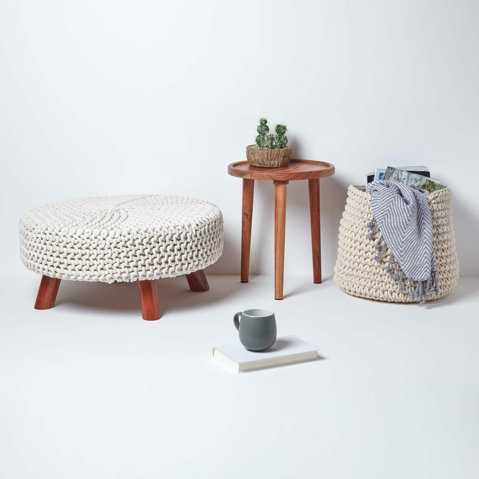 Round Knitted Footstool 100% Cotton Flat Circular with 4 Support Wooden Legs - Picture 49 of 108