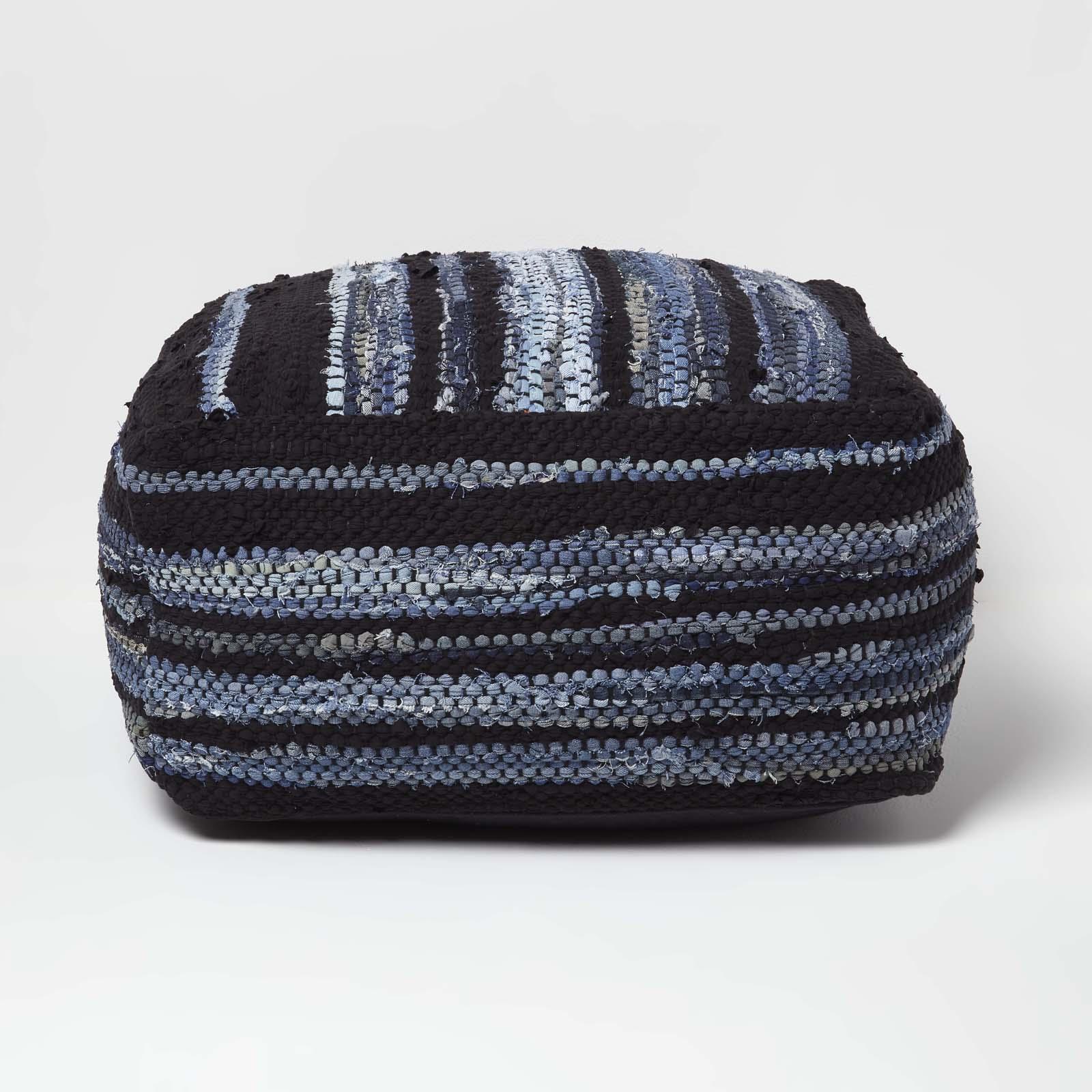 Contemporary Square Cube Bean Filled Pouffe Footstool in Fabric & Denim Leather - Picture 6 of 14