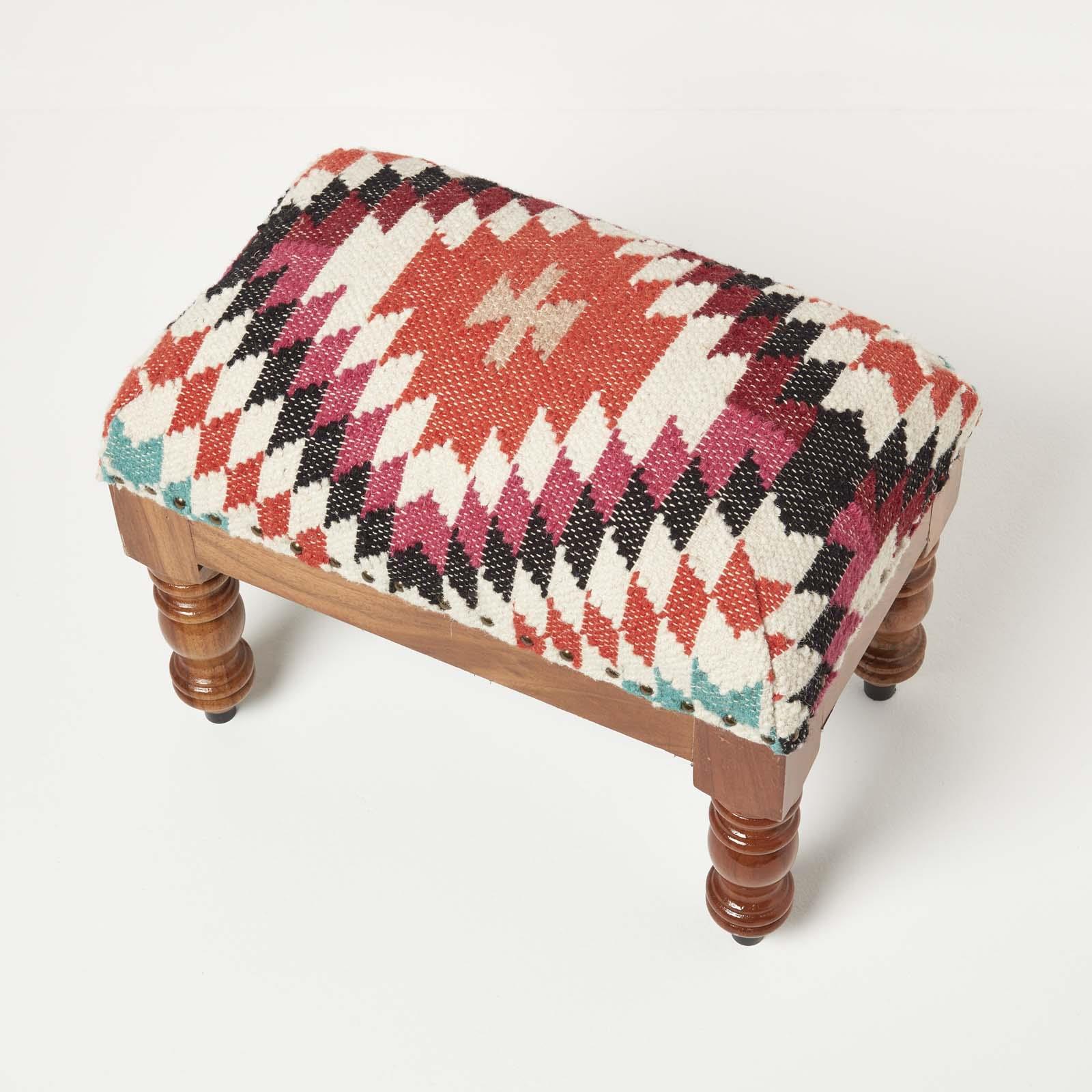 Traditional Style Handmade Kilim Pouffe & Footstool with Wooden Legs - Picture 22 of 34