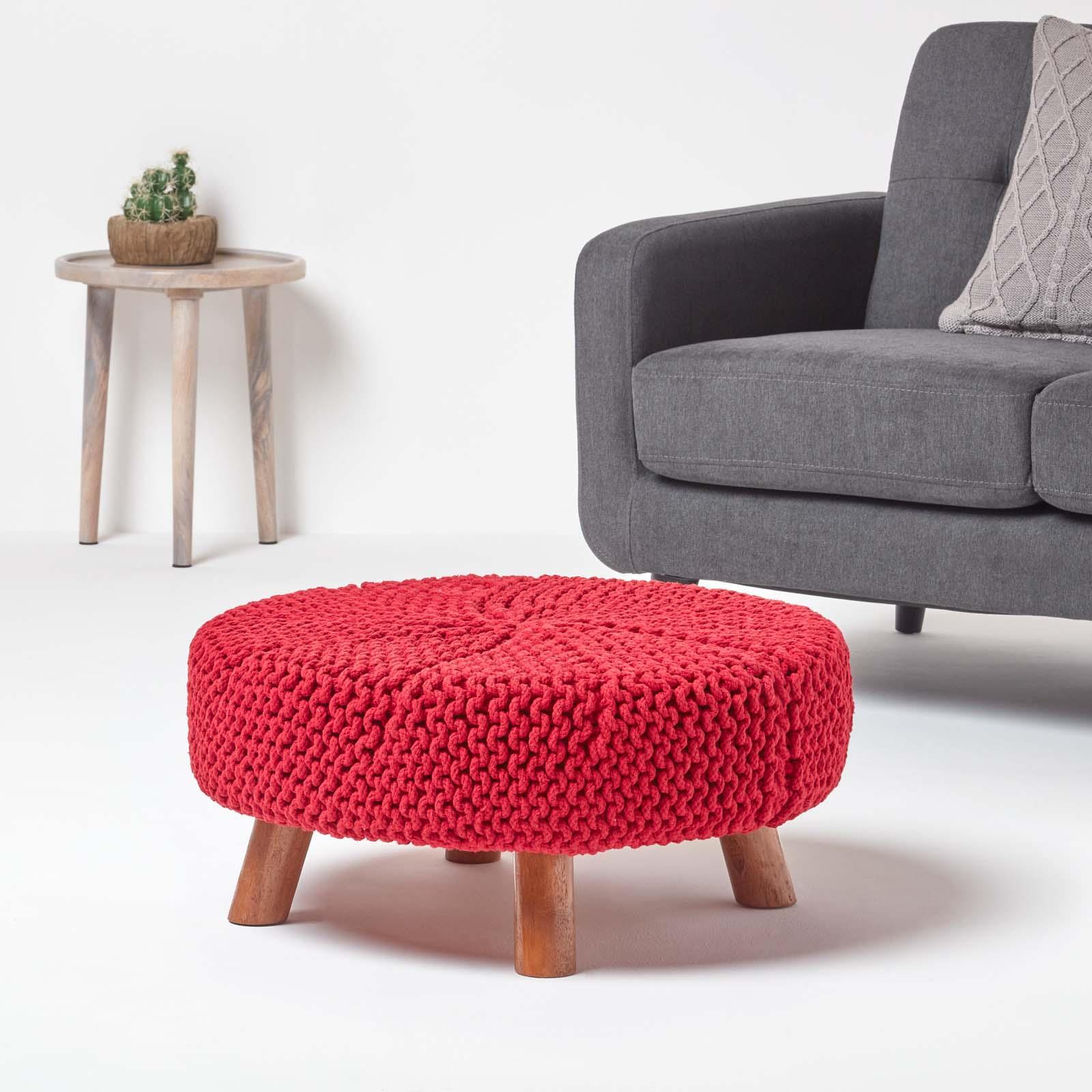 Round Knitted Footstool 100% Cotton Flat Circular with 4 Support Wooden Legs - Picture 86 of 108