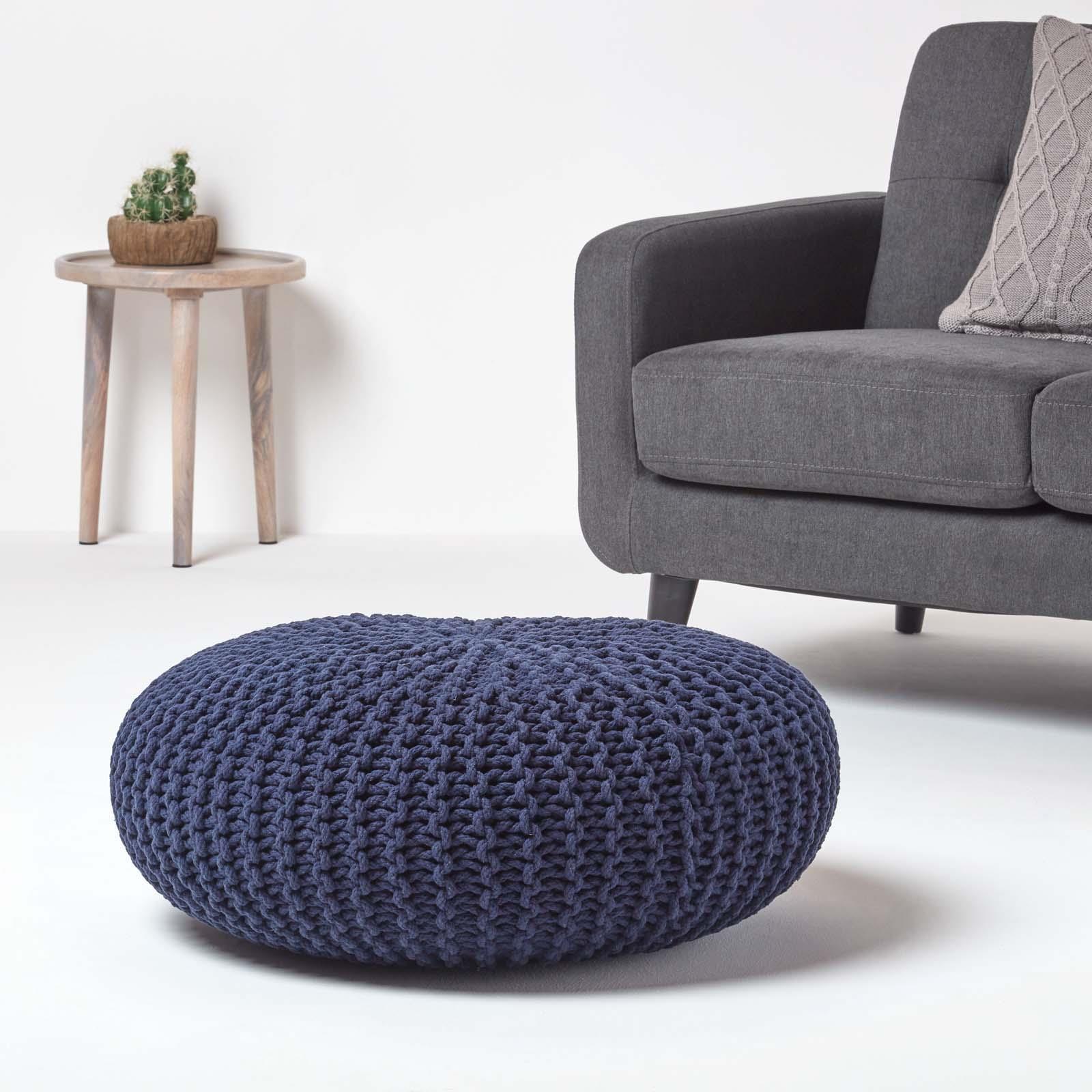 Large Round Cotton Knitted Pouffes Footstools Red, Yellow, Black, Grey, Natural - Picture 62 of 108