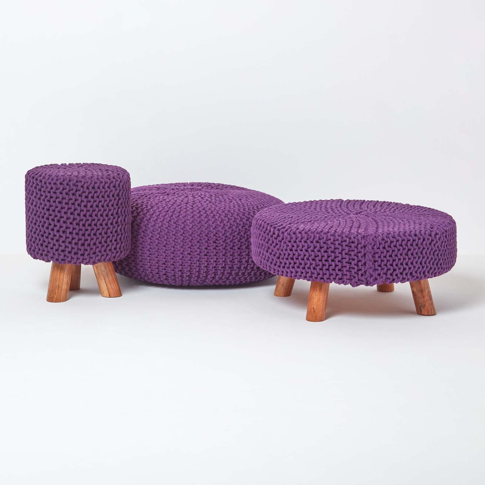 Large Round Cotton Knitted Pouffes Footstools Red, Yellow, Black, Grey, Natural - Picture 24 of 108