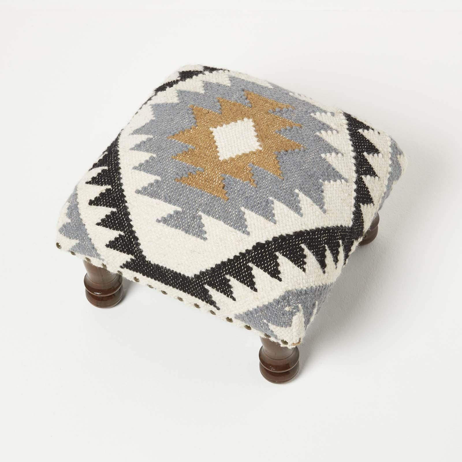 Traditional Style Handmade Kilim Pouffe & Footstool with Wooden Legs - Picture 32 of 34