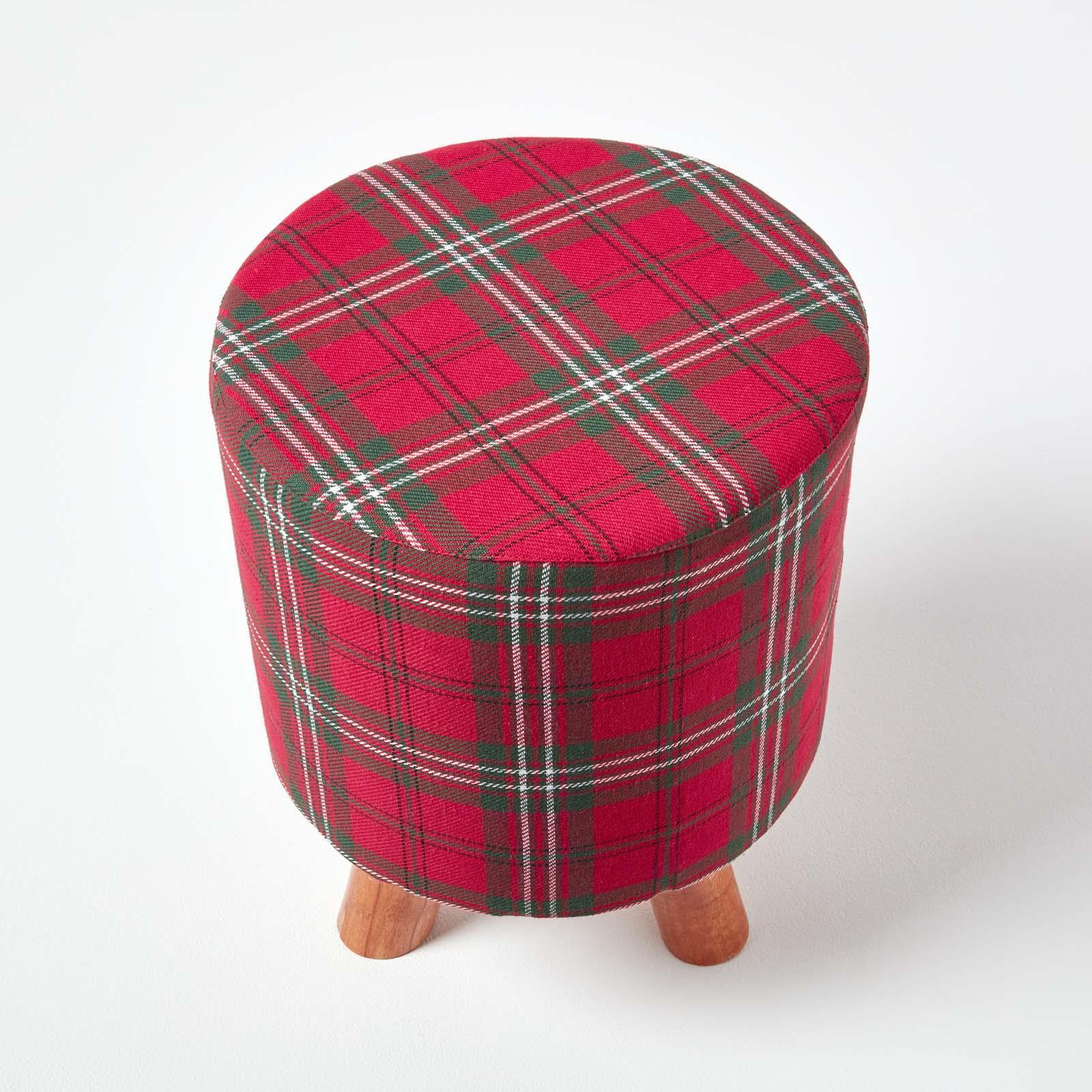 Tartan Check Tall and Flat Footstool with Wooden Legs - Picture 14 of 23