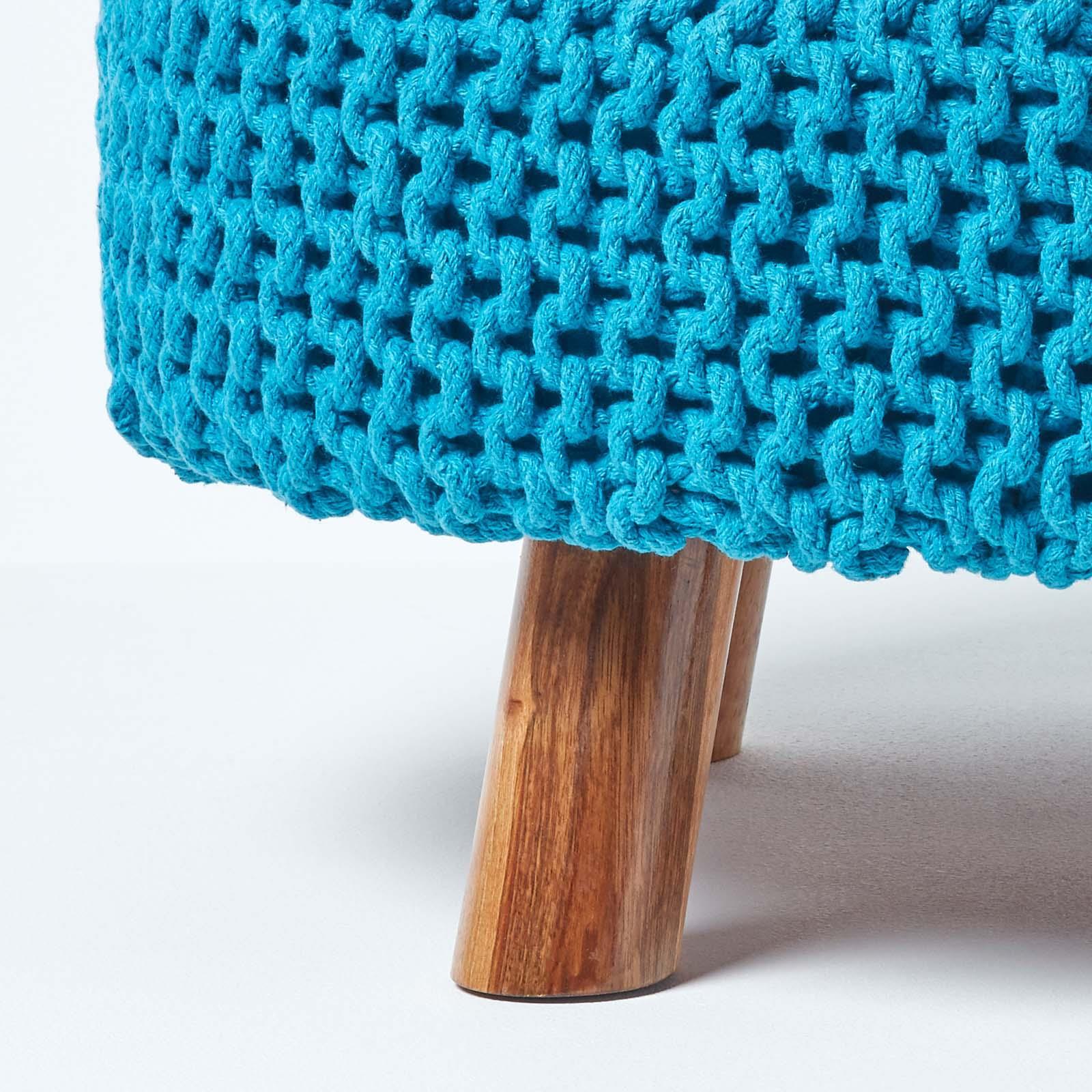 Round Knitted Footstool 100% Cotton Flat Circular with 4 Support Wooden Legs - Picture 100 of 108