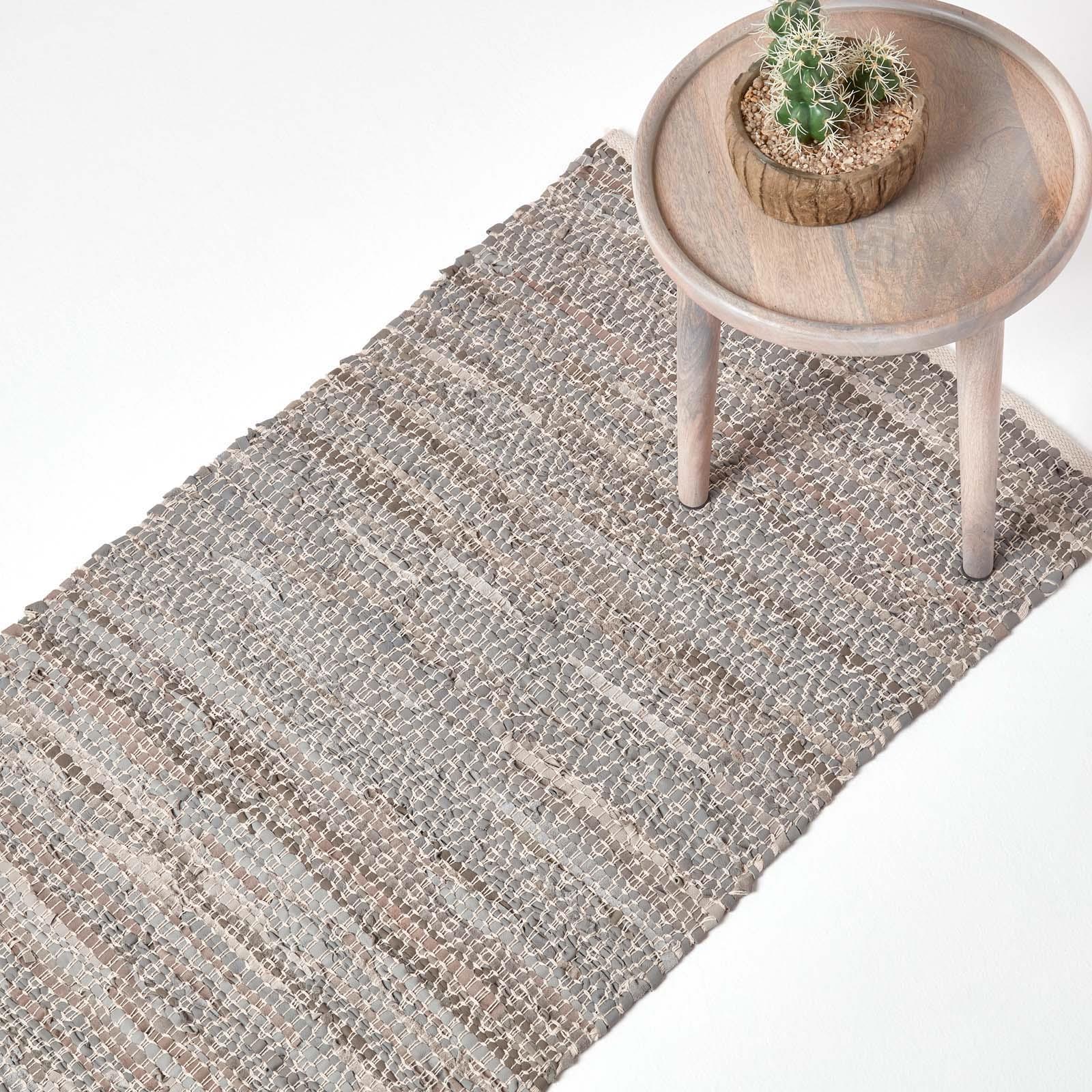 Real Leather Handwoven Black Grey Brown Hall Runner Textured Pattern 66 x 200 cm - Picture 16 of 24