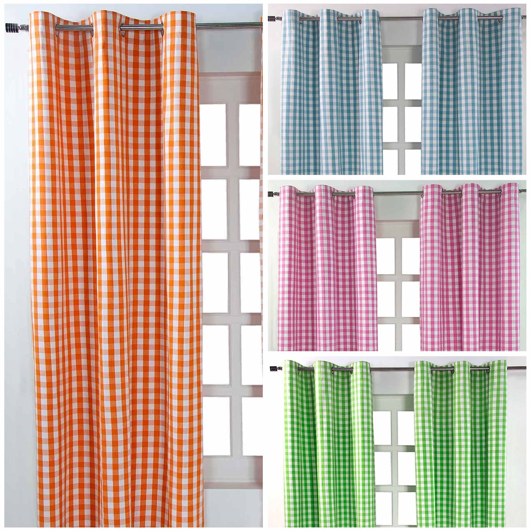 Block Check Cotton Ready Made Eyelet Curtains Blue Pink Green