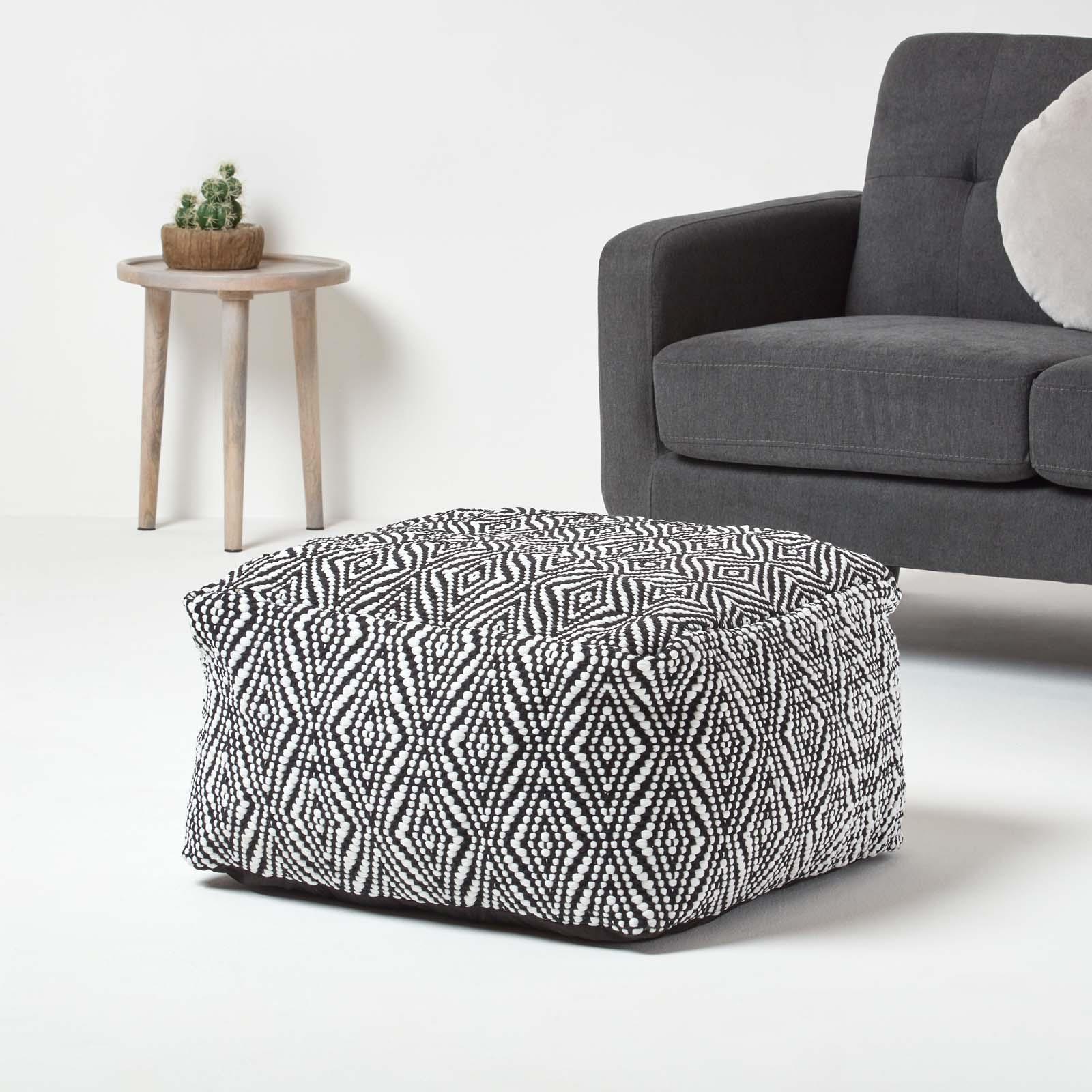 Contemporary Square Cube Bean Filled Pouffe Footstool in Fabric & Denim Leather - Picture 3 of 14