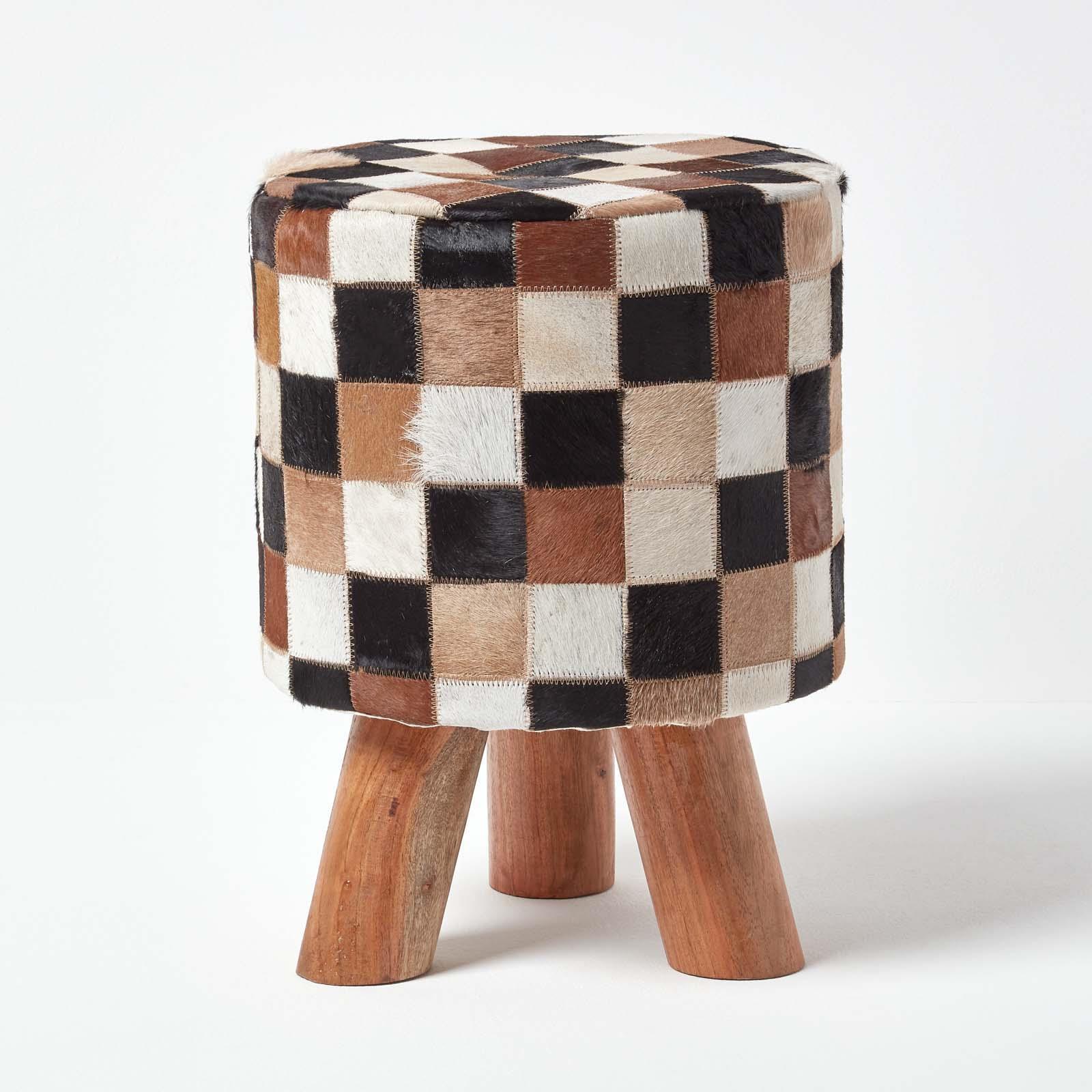Genuine Leather Brown Check Design Bean Filled Pouffe and Footstool - Picture 2 of 11