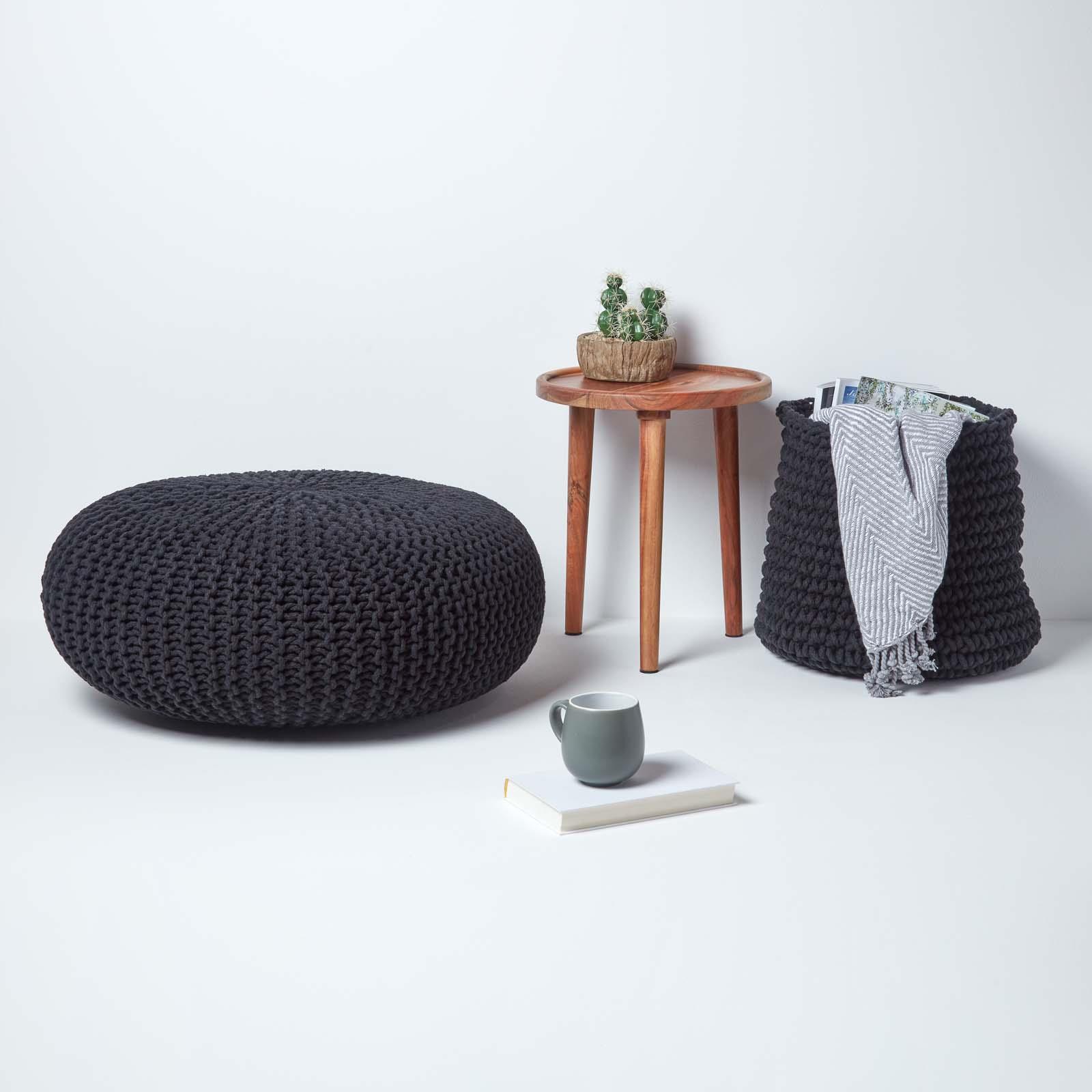 Large Round Cotton Knitted Pouffes Footstools Red, Yellow, Black, Grey, Natural - Picture 7 of 108