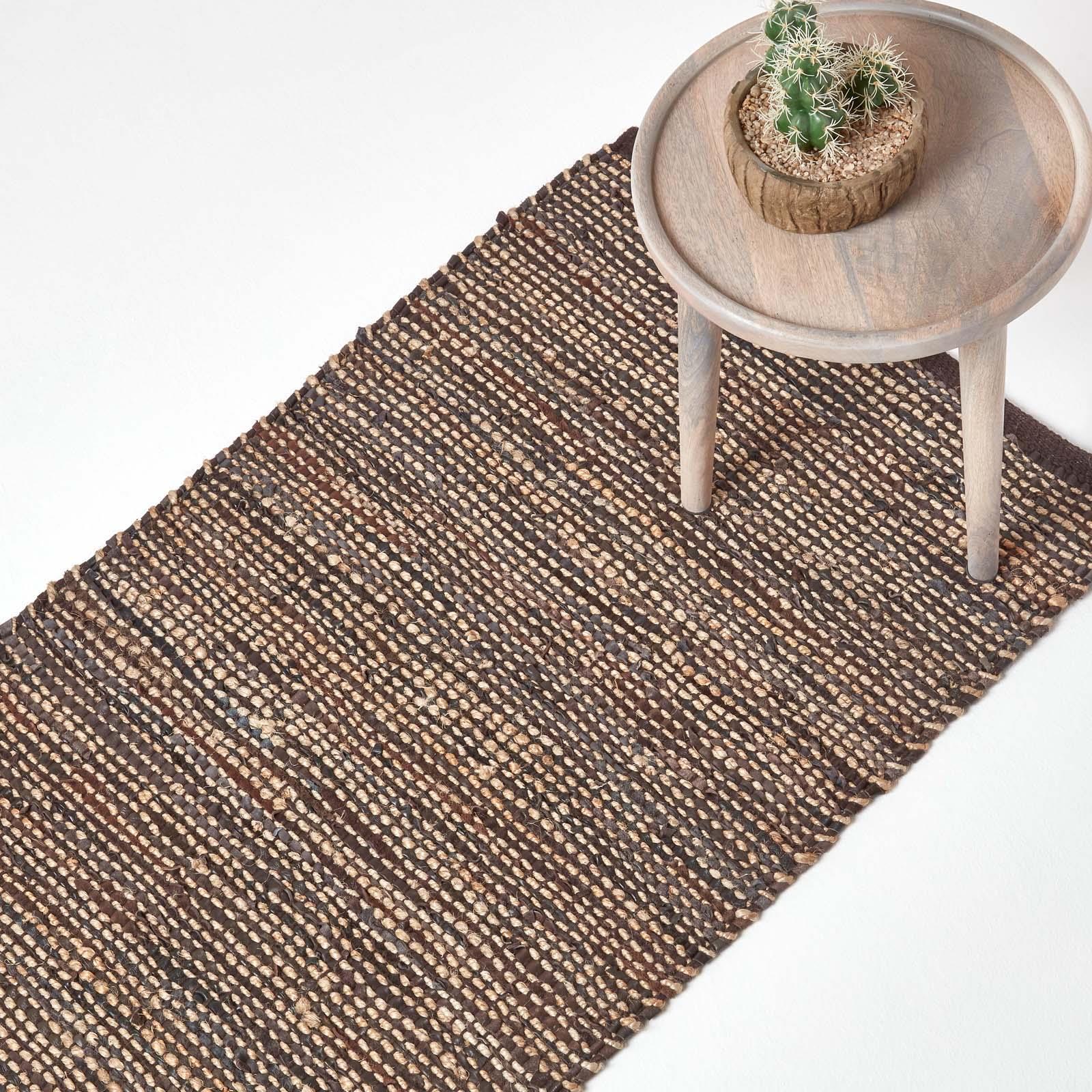 Madras Leather Hemp Rugs for Living Rooms, Brown, Natural - Picture 3 of 20