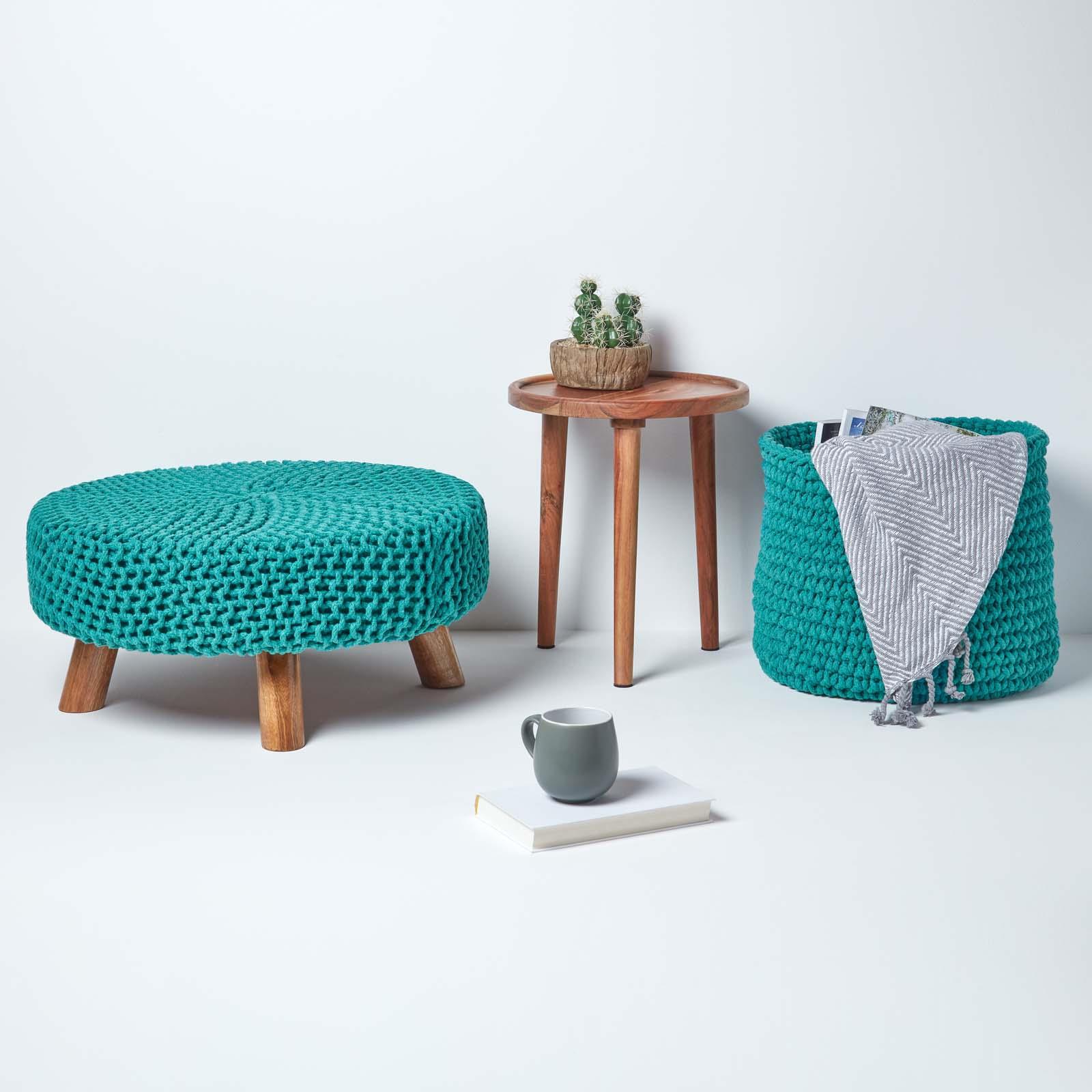 Round Knitted Footstool 100% Cotton Flat Circular with 4 Support Wooden Legs - Picture 108 of 108