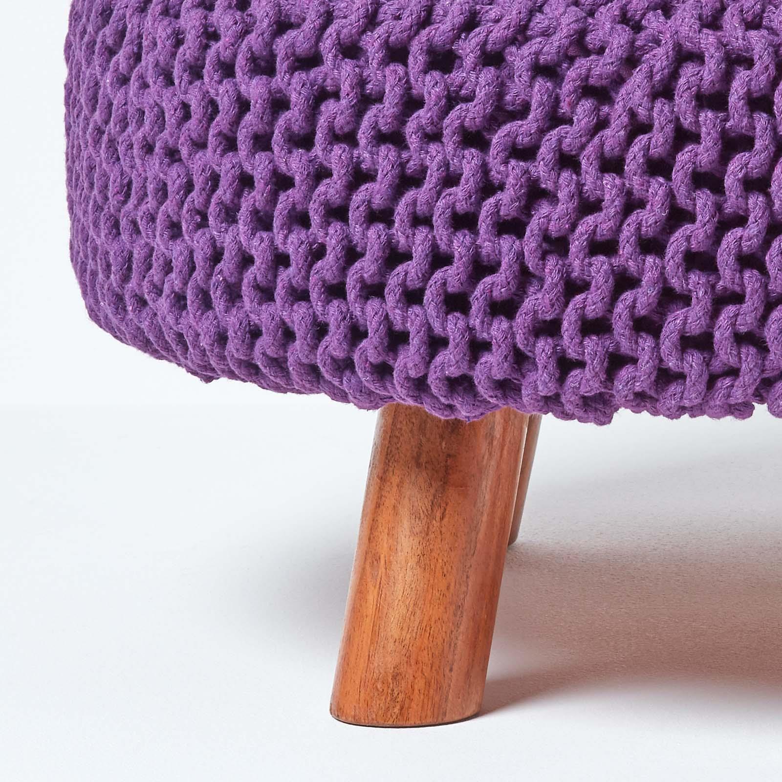 Round Knitted Footstool 100% Cotton Flat Circular with 4 Support Wooden Legs - Picture 83 of 108