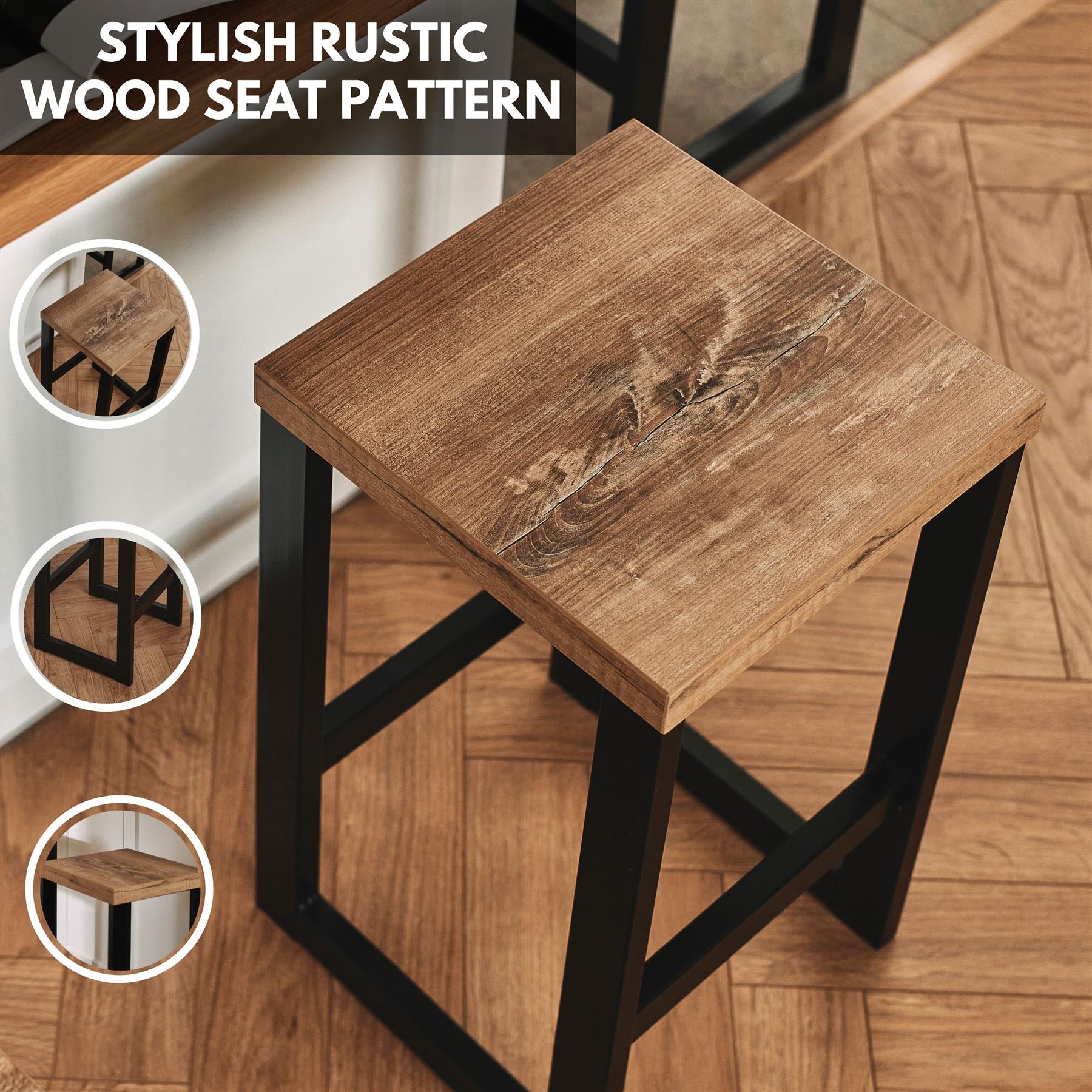 Kitchen Breakfast Bar Stools with Footrest Wooden for Living Room Black Metal - Picture 15 of 17