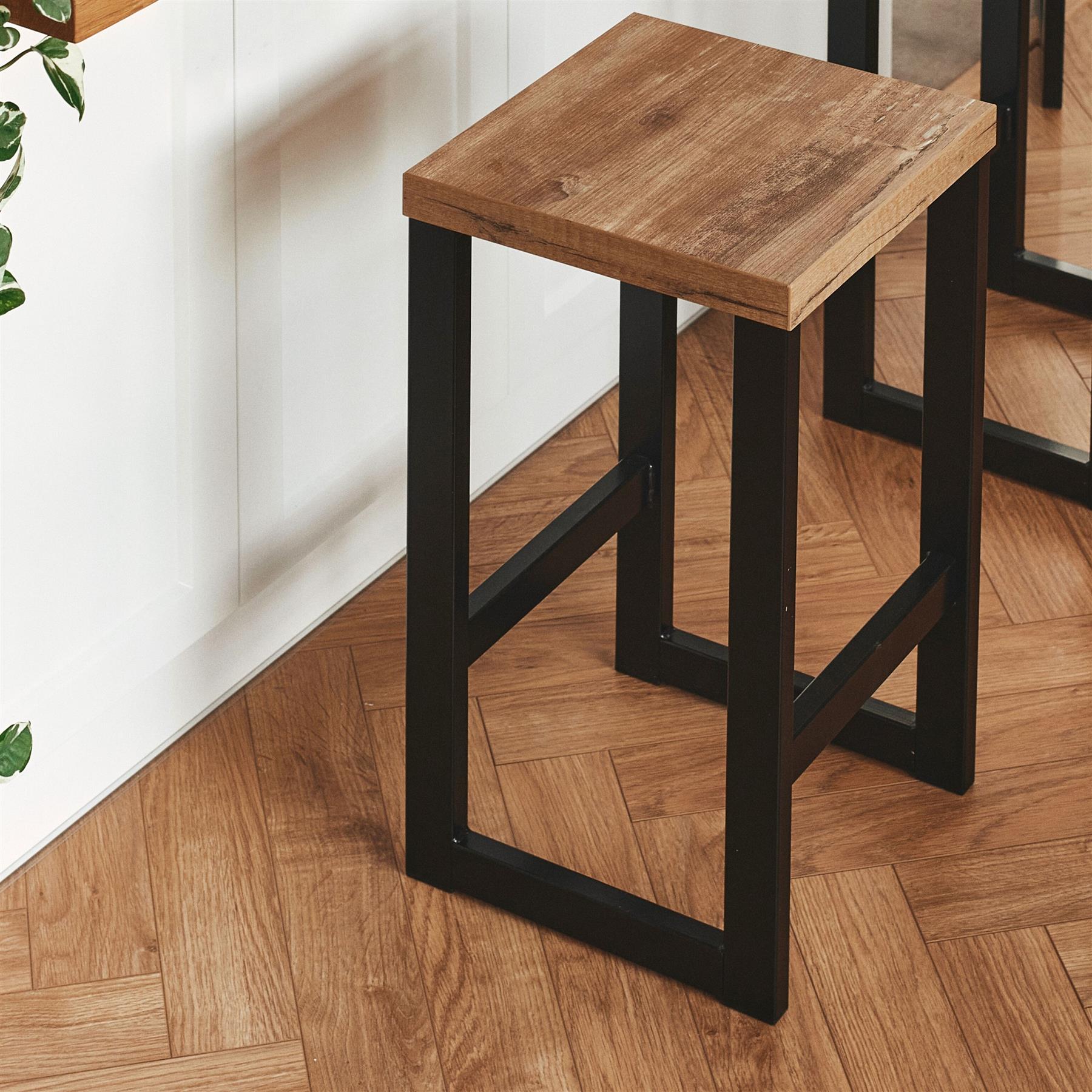 Kitchen Breakfast Bar Stools with Footrest Wooden for Living Room Black Metal - Picture 9 of 17