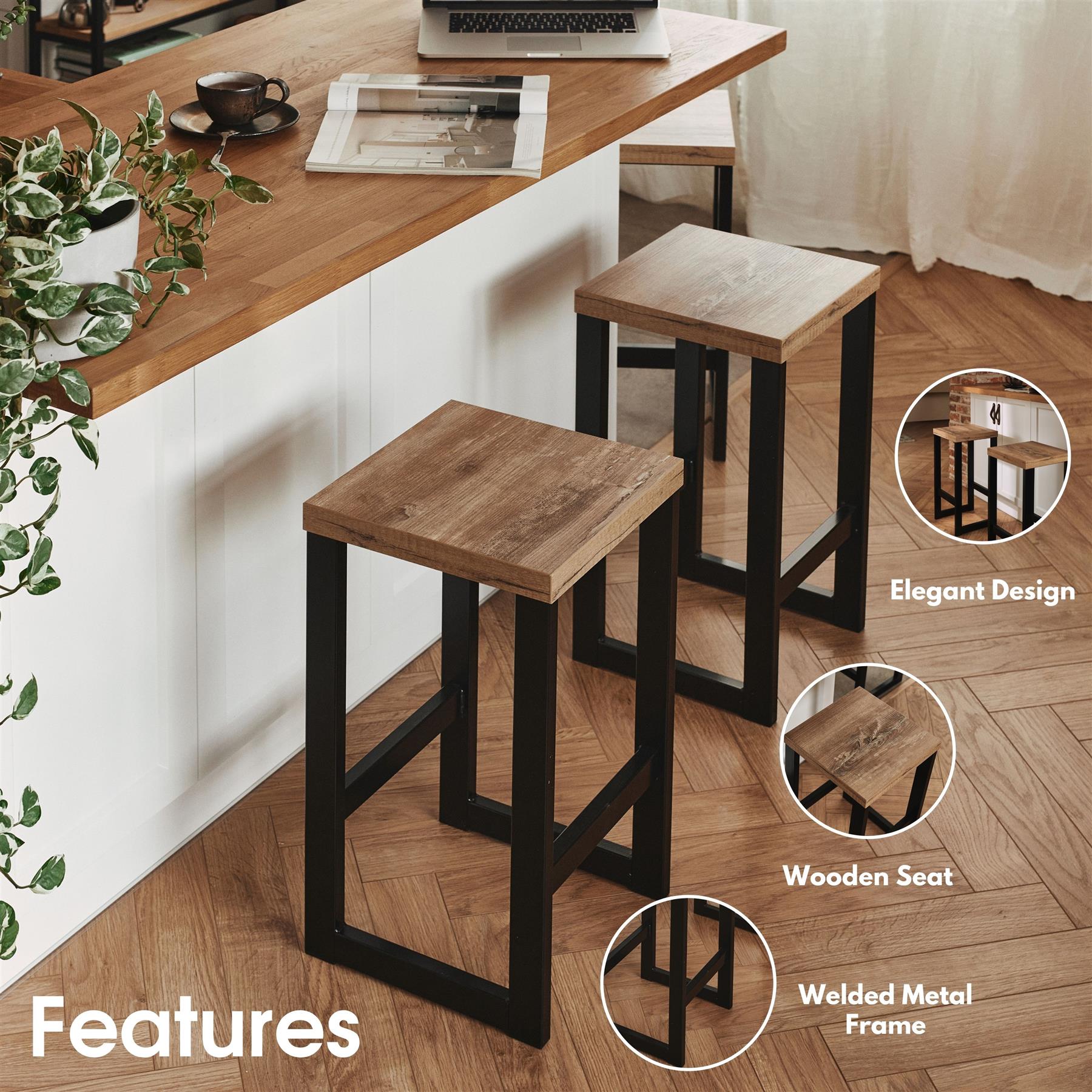 Kitchen Breakfast Bar Stools with Footrest Wooden for Living Room Black Metal - Picture 11 of 17