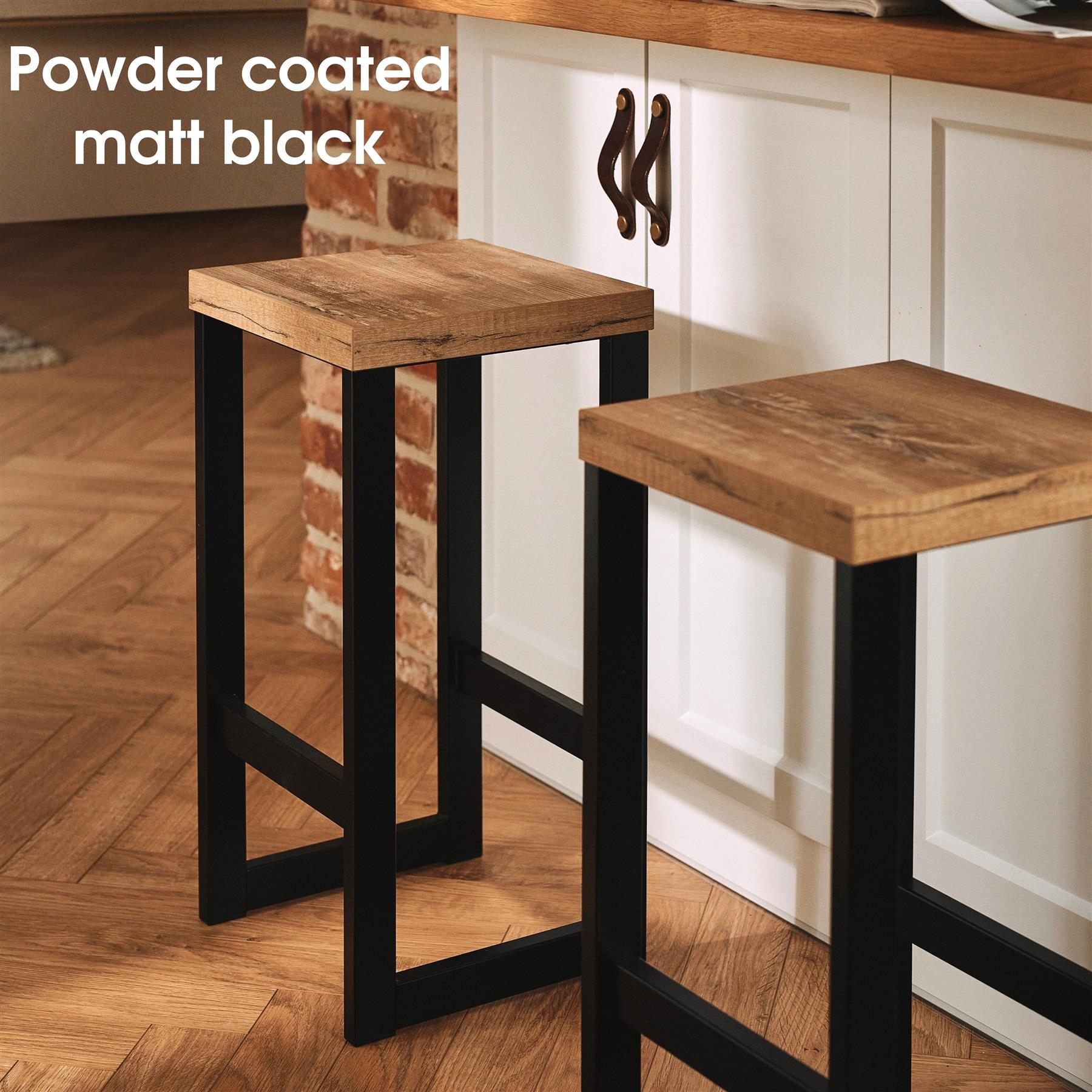Kitchen Breakfast Bar Stools with Footrest Wooden for Living Room Black Metal - Picture 5 of 17