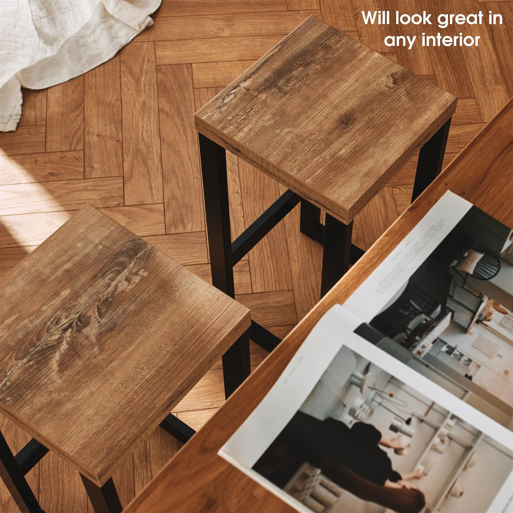 Kitchen Breakfast Bar Stools with Footrest Wooden for Living Room Black Metal - Picture 8 of 17