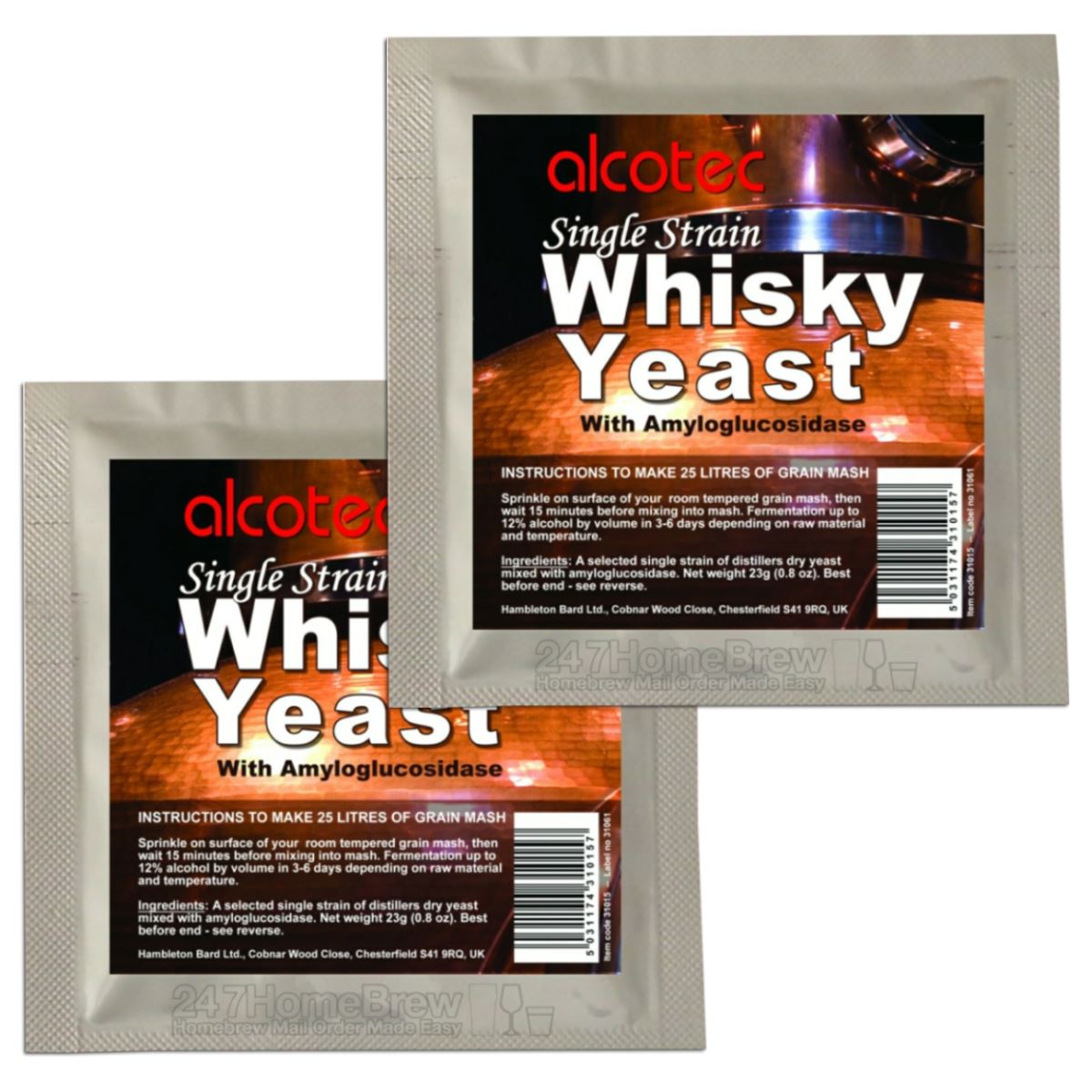 2x Alcotec Single Strain Whisky Yeast Makes 25L Grain Whiskey Mash