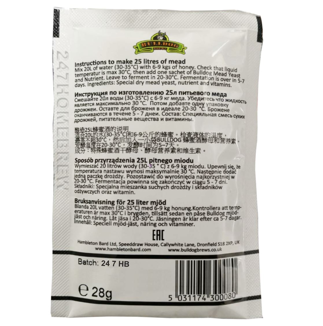 2x Bulldog Mead Yeast & Nutrient High Alcohol 28g for 2025L