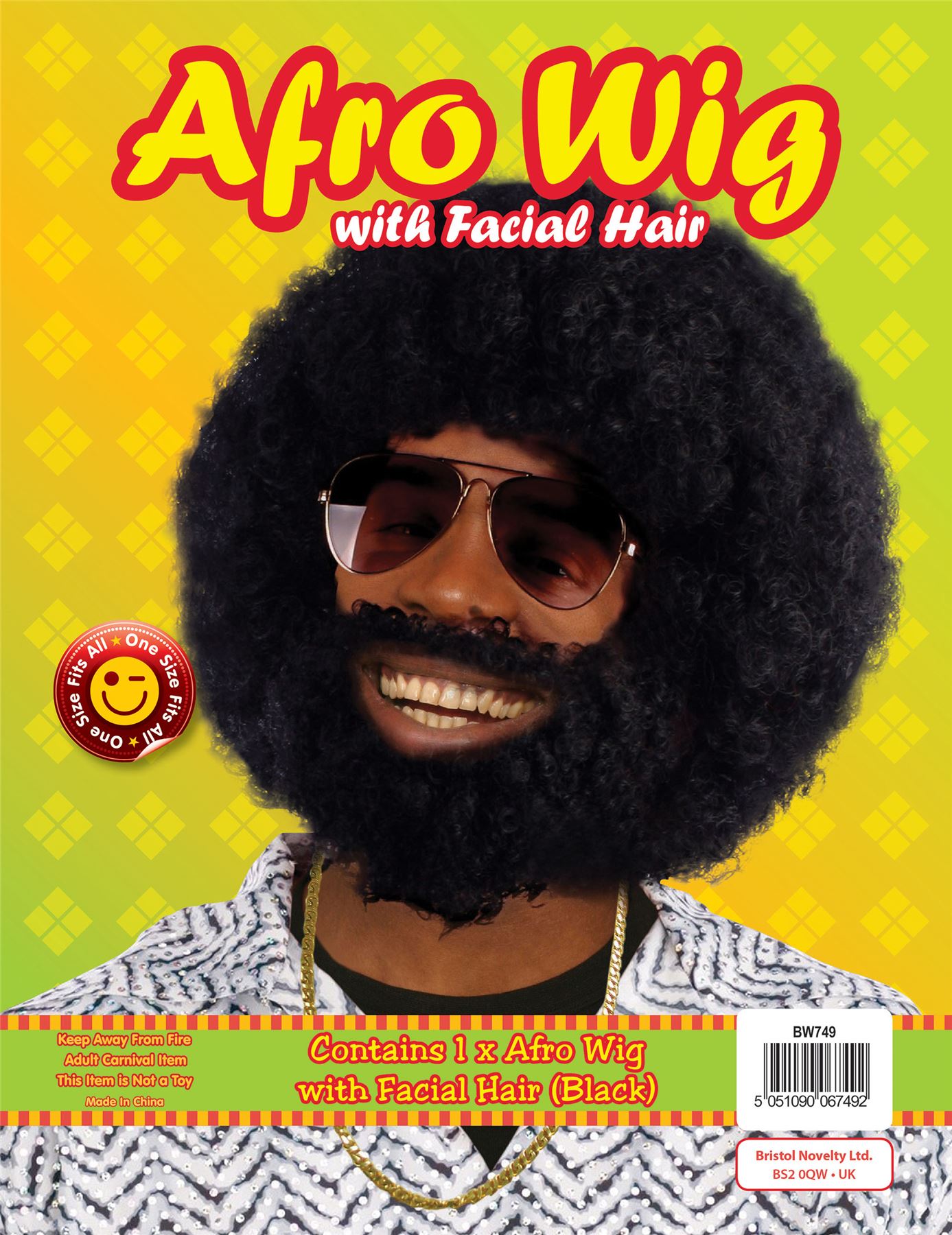 Mens Black Afro Wig Beard Lionel Facial Hair 1970s Disco Fancy Dress