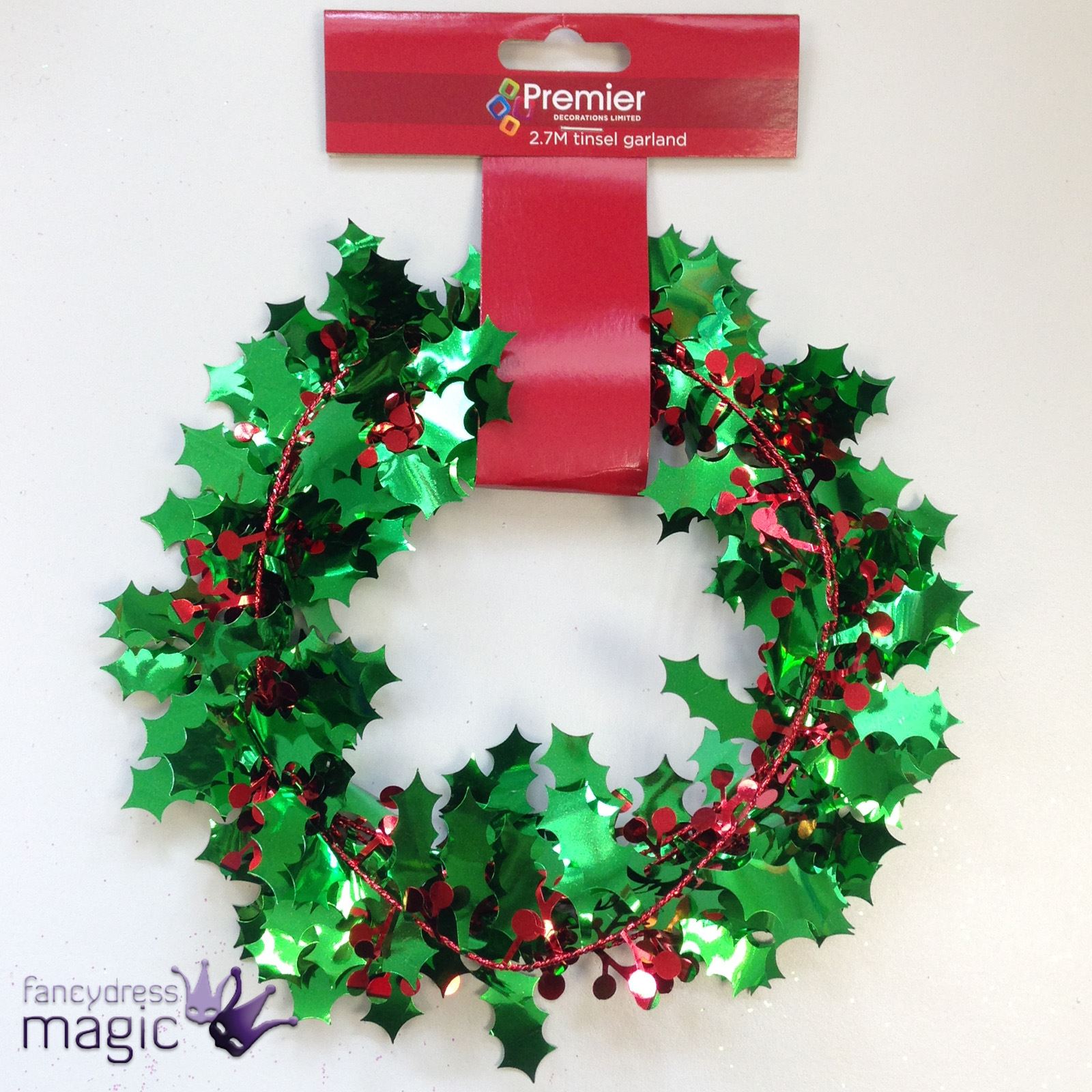 2.7m Foil Green Red Holly Tinsel Garland Christmas Xmas Hanging Tree