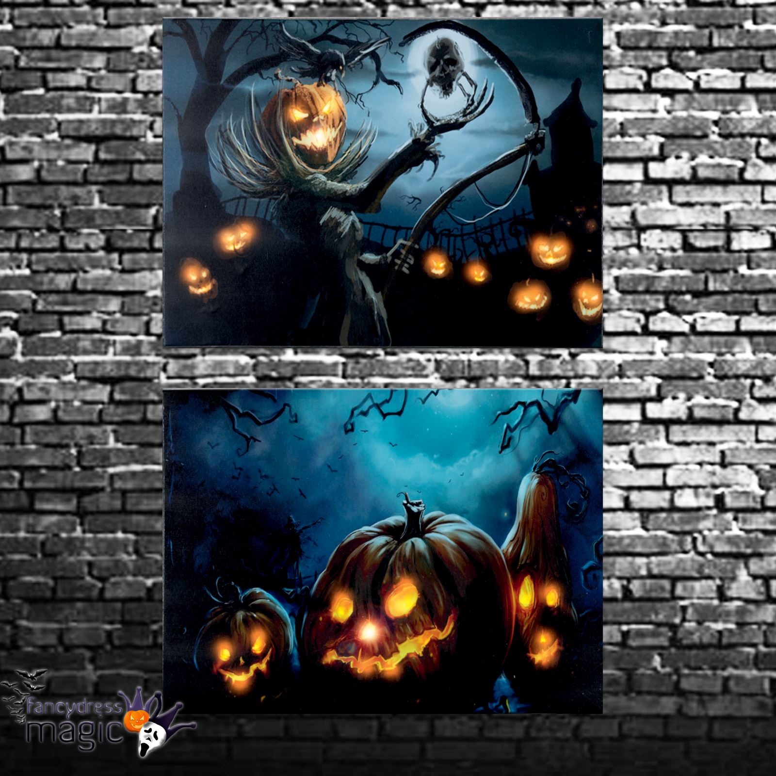 LED Light Up Hanging Canvas Picture Halloween Pumpkin Scene Wall Home