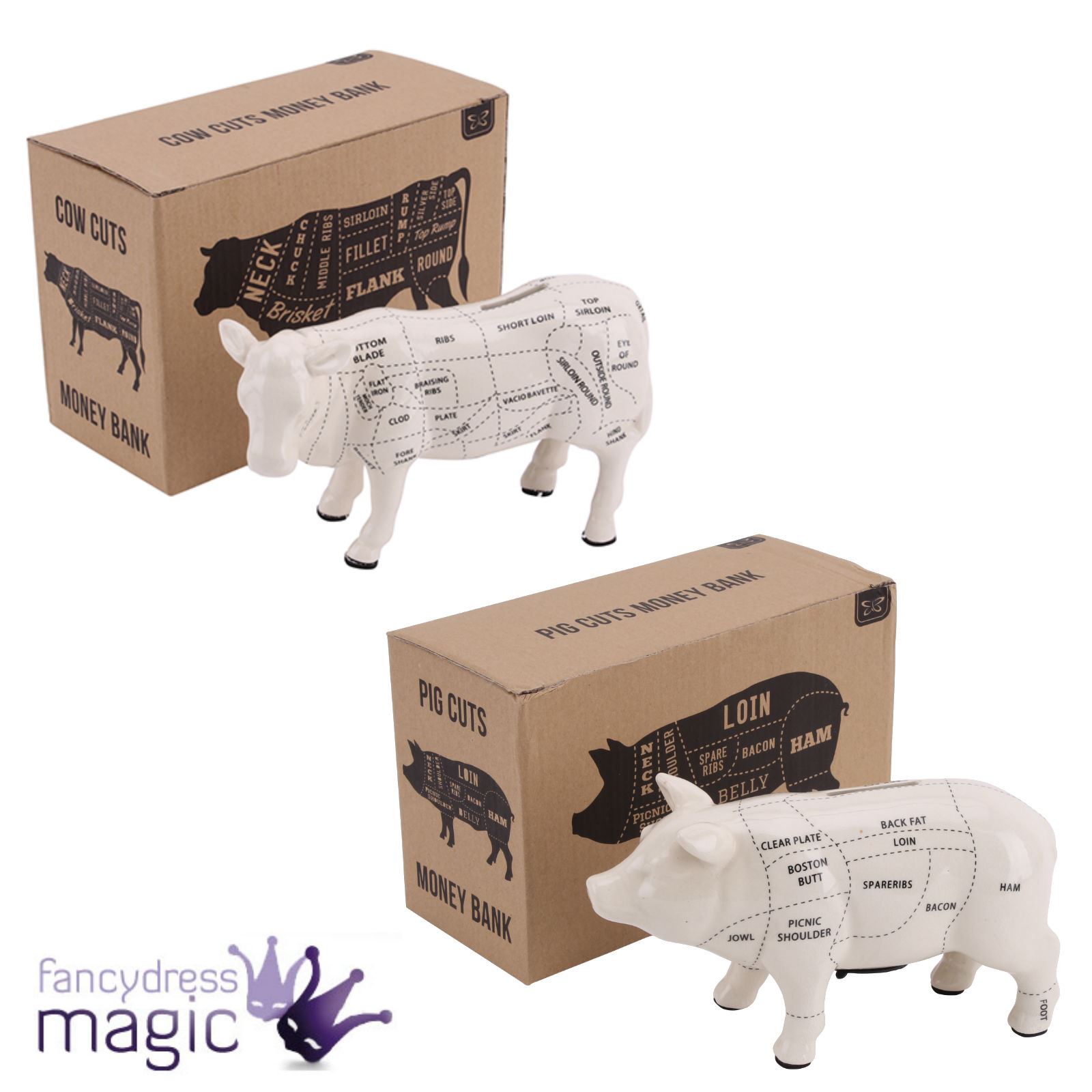 Ceramic Pig Cow Meat Cuts Money Box Piggy Bank Coin Saving Butcher