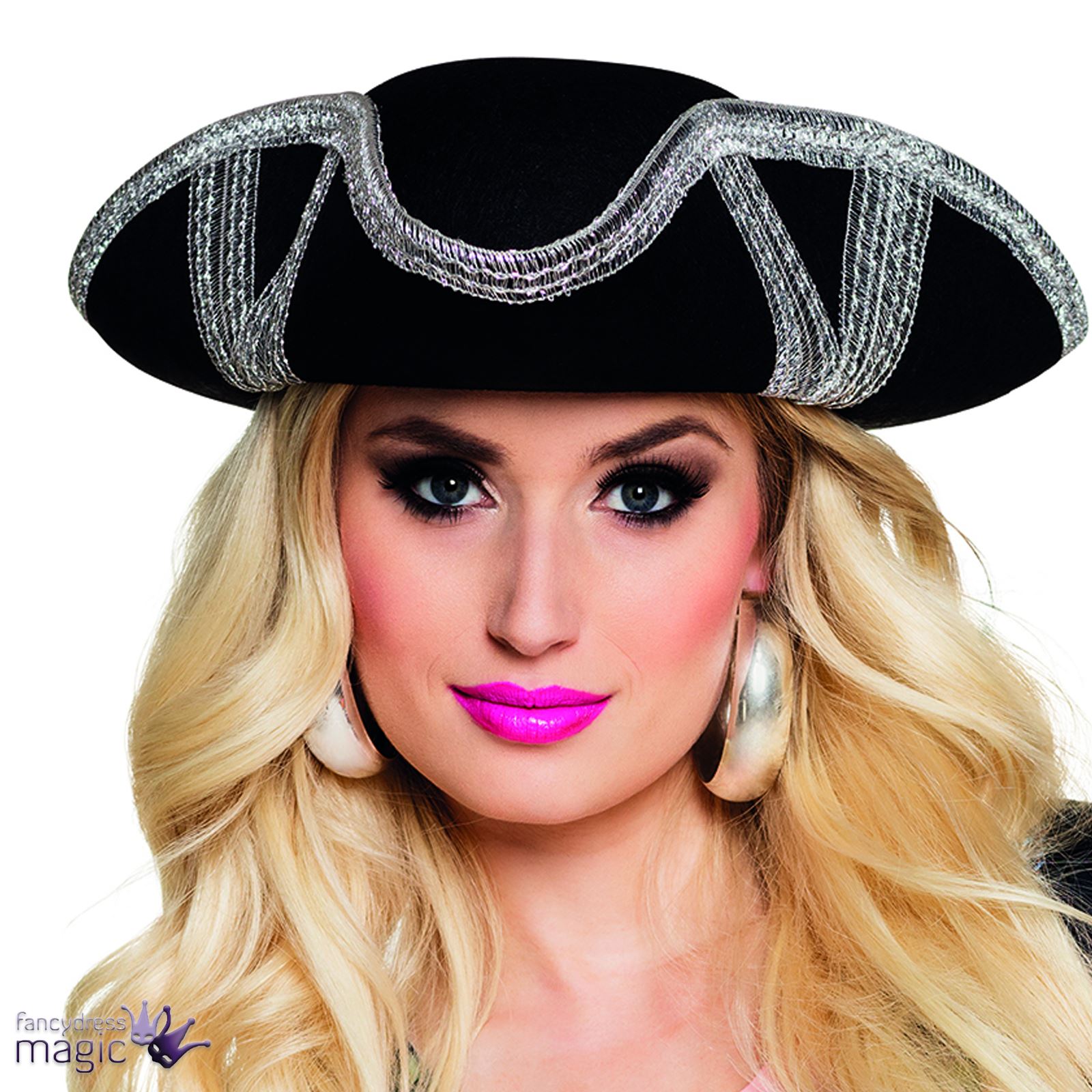 Adult Ladies Black And Silver Pirate Tricorn Hat Fancy Dress Costume Accessory eBay