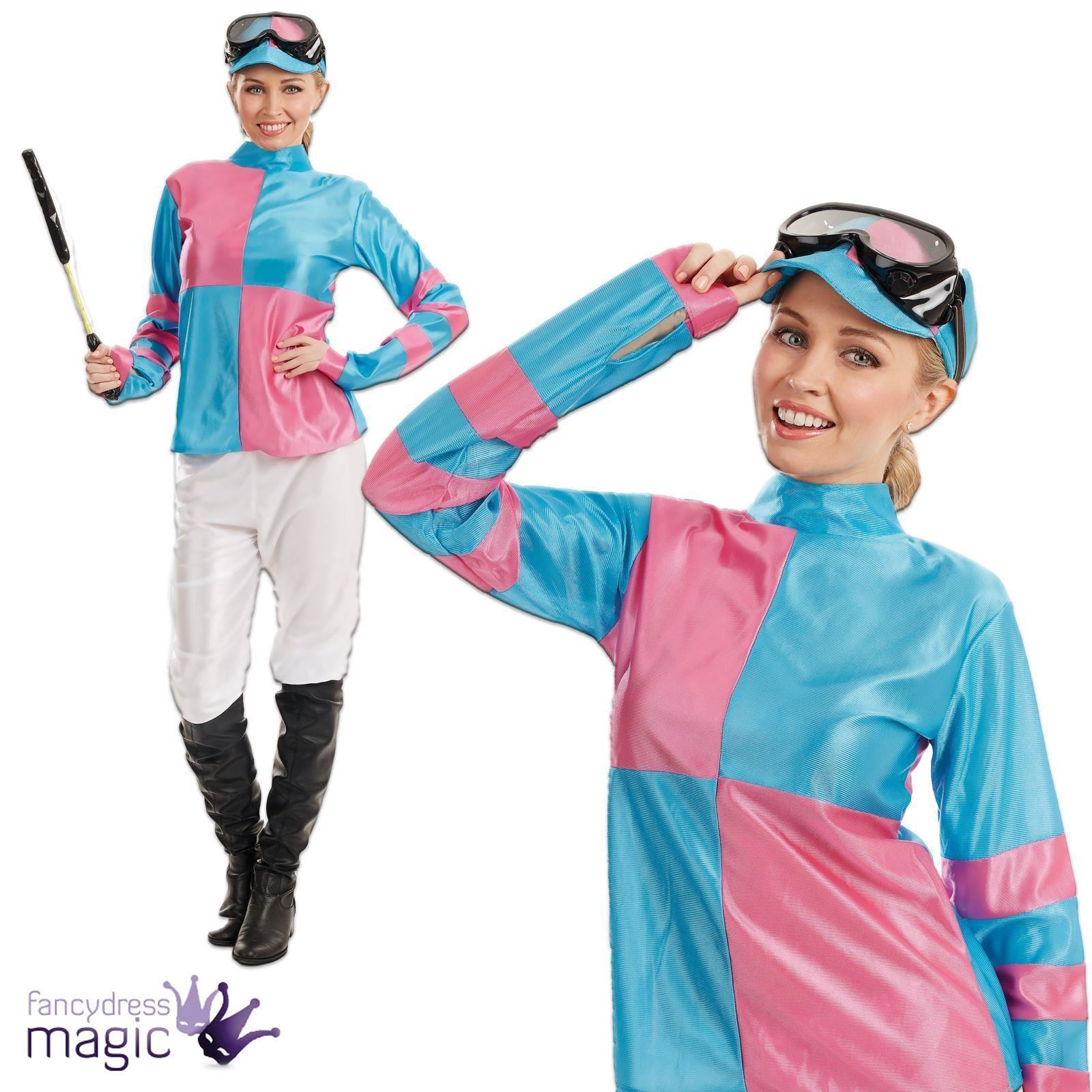 Female Jockey Womens Pink Blue Sports Horse Rider Fancy Dress Costume