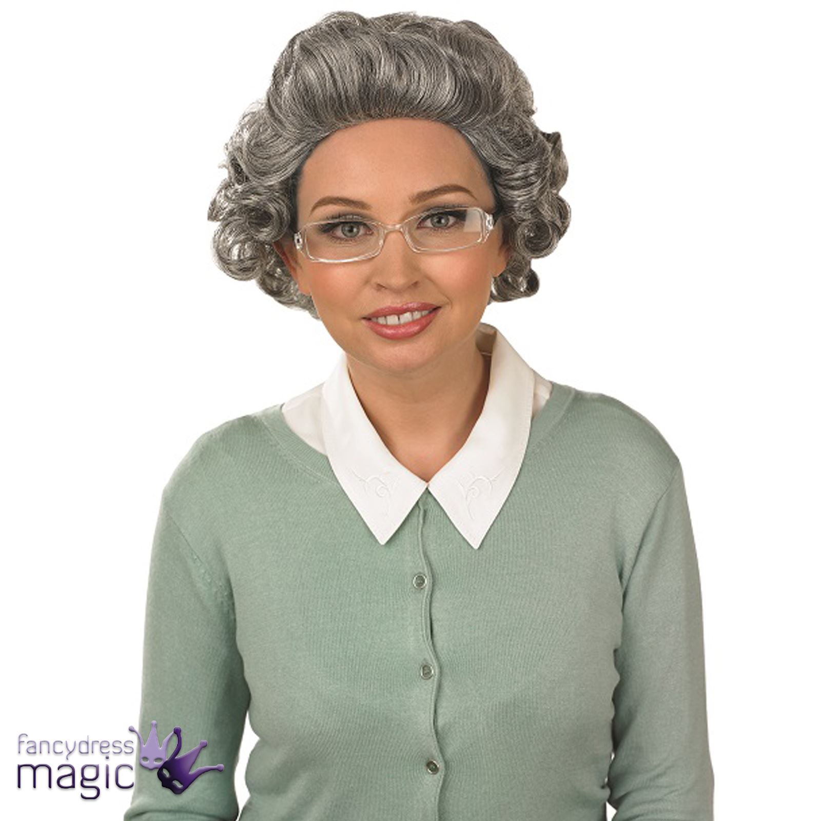 Grey Curly Gran Granny Old Lady Woman Wig and Glasses 