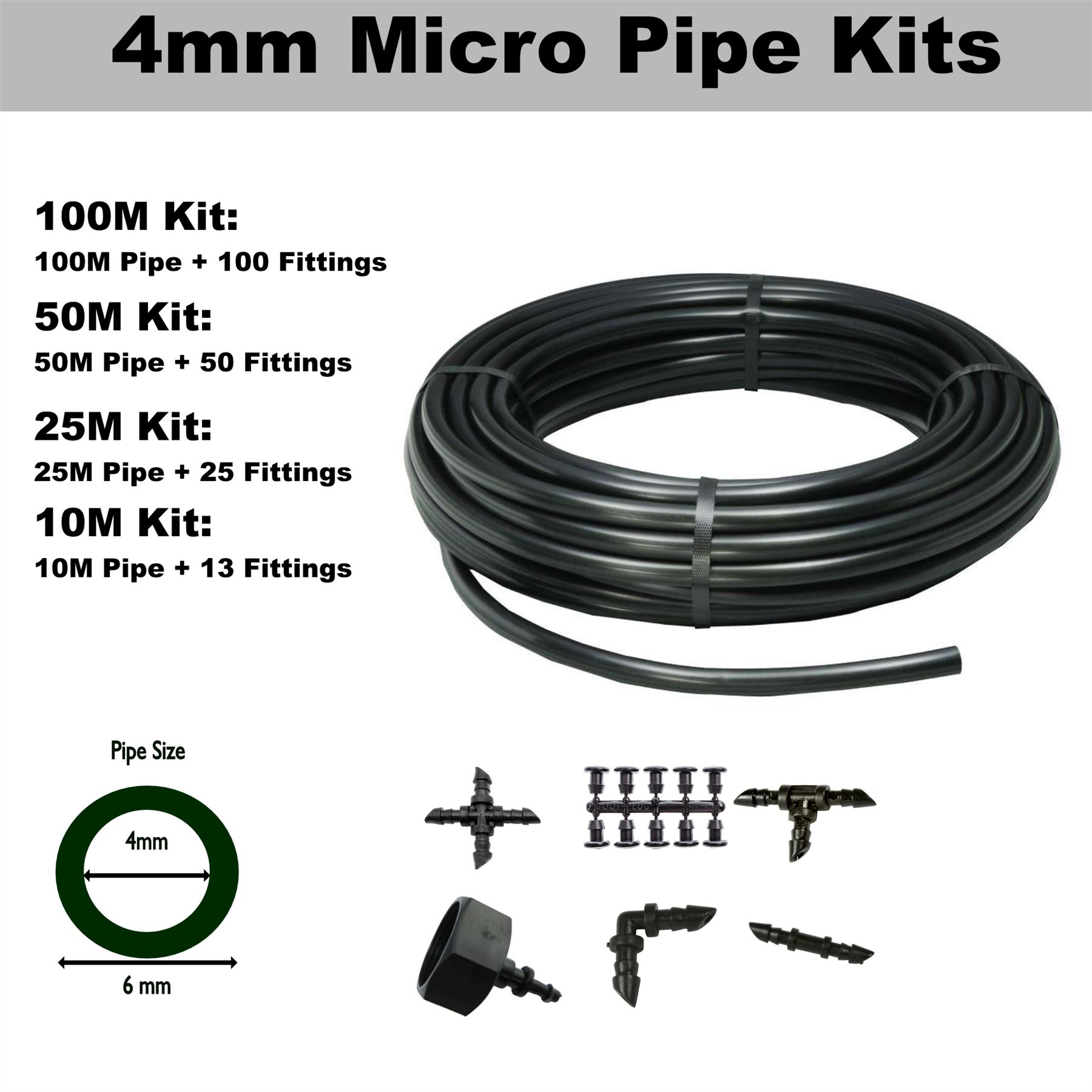 Micro irrigation Pipe Kits 4mm Pipe and Barbed fittings for watering