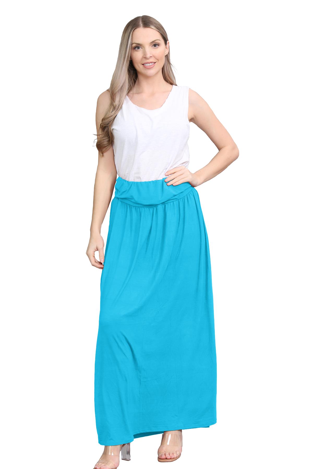 Womens Fold Over Maxi Skirt Plain Pleated Waist Jersey Summer Gypsy Long Skirt - Picture 56 of 68