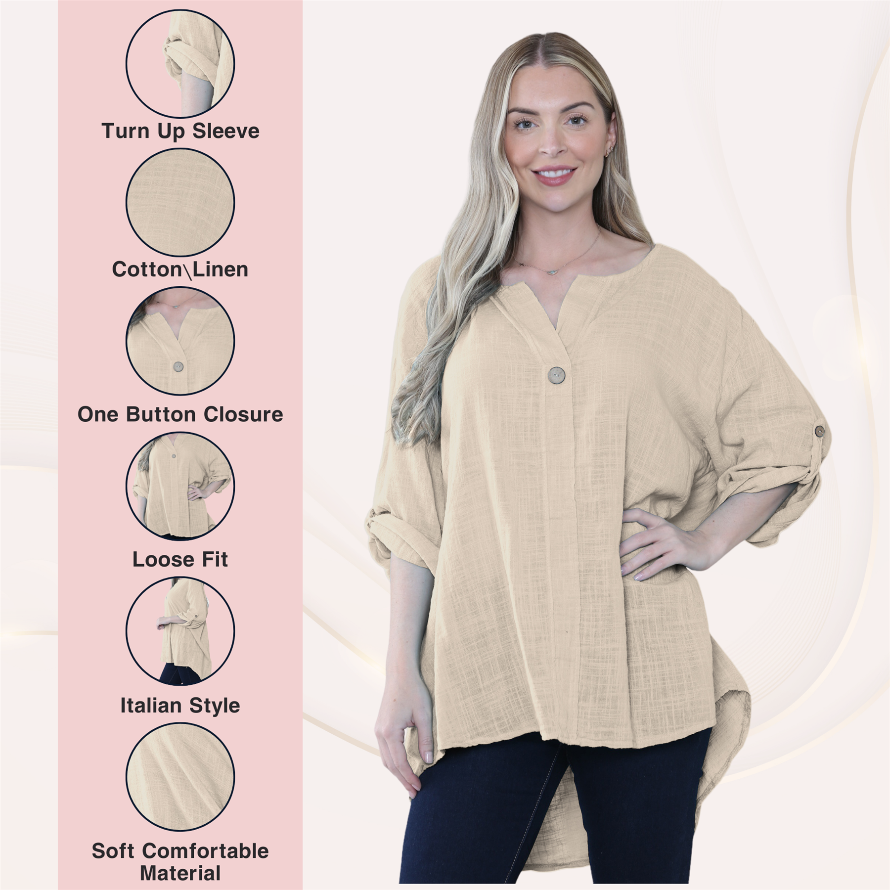 Camiseta informal lisa de lino y algodón con un botón de manga giratoria italiana para dama - Imagen 56 de 63