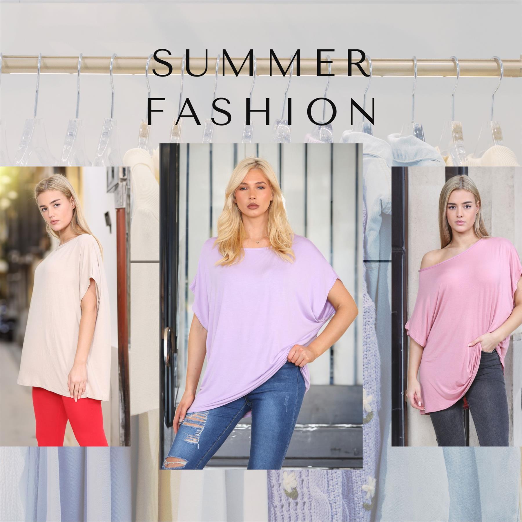 Womens Off Shoulder Top Batwing Sleeve Bardot Oversized T Shirt Plain Summer Top - Picture 171 of 225
