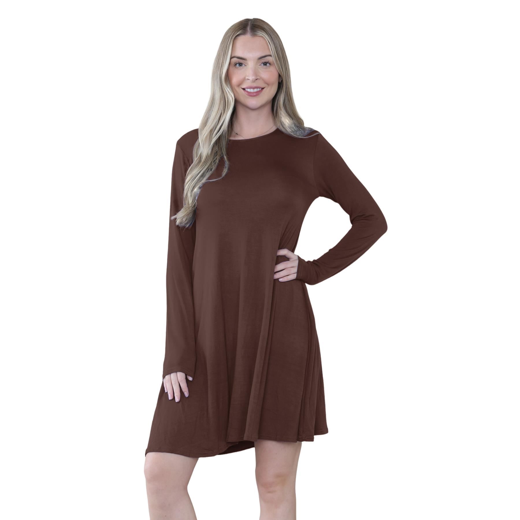 Damen Swing Kleid Uni Langarm Freizeit Ausgestellt A Linie Mini Oberteil Übergröße - Bild 13 von 100