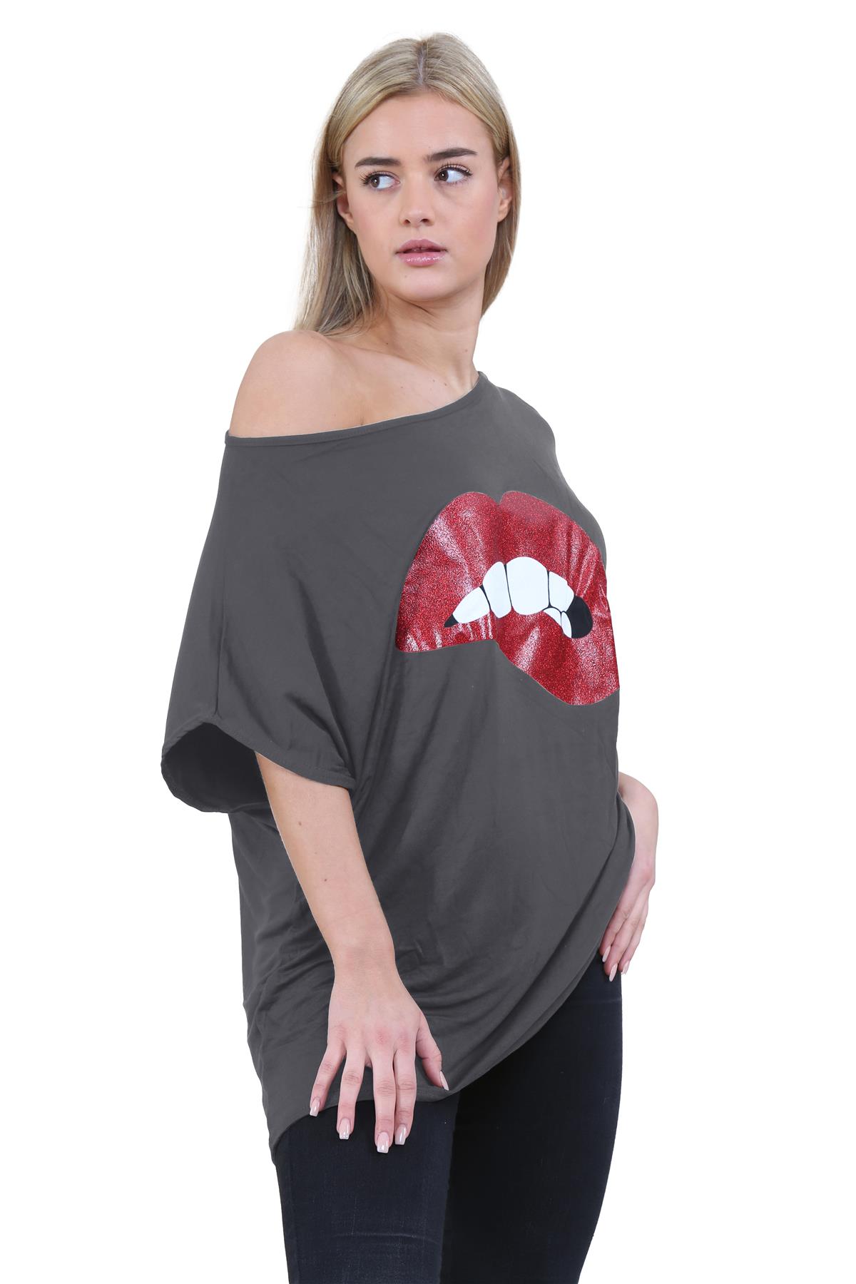 Womens Off Shoulder Top Batwing Sleeve Bardot Oversized T Shirt Plain Summer Top - Picture 161 of 225
