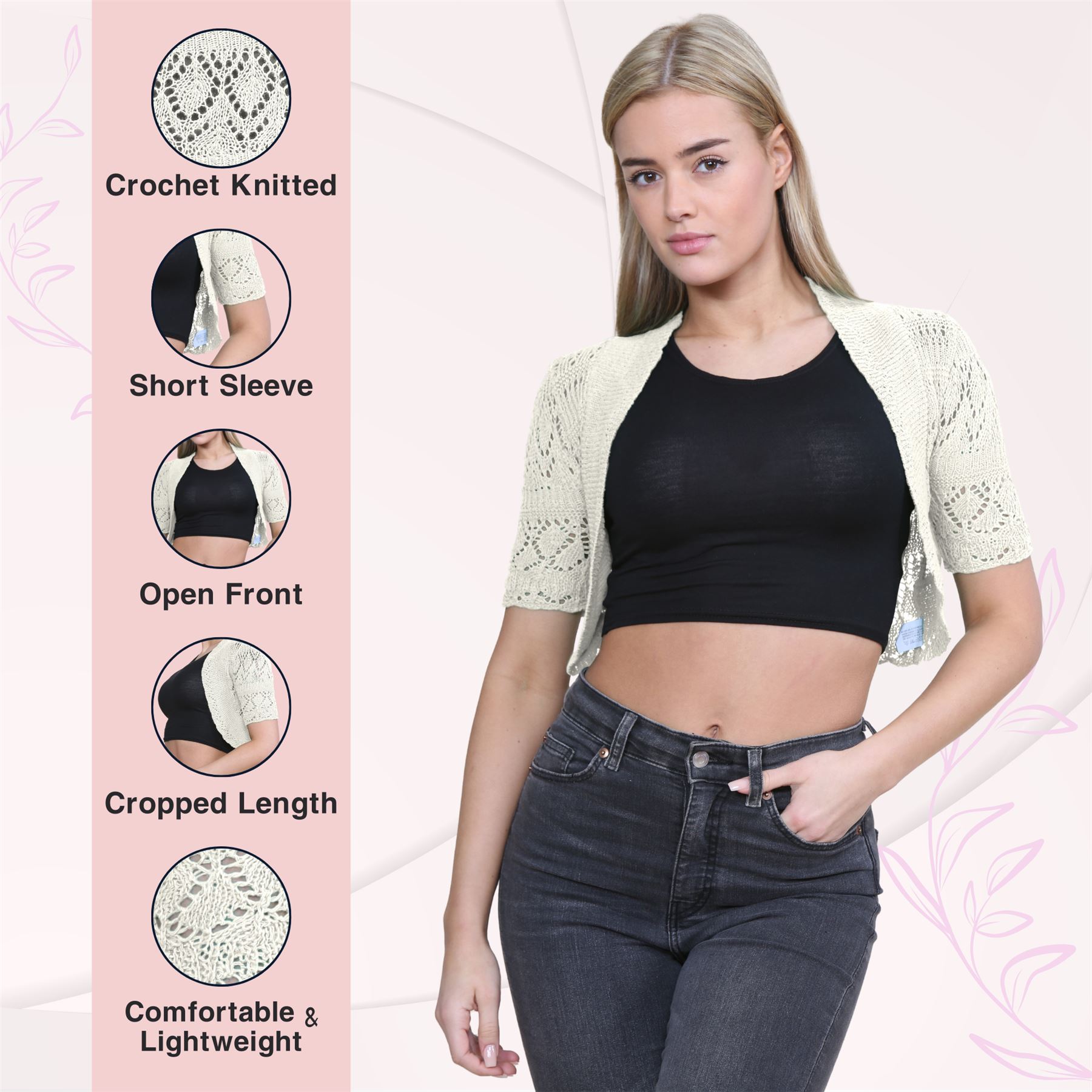 Womens Crochet Knitted Bolero Shrug Short Sleeve Open Front Cardigan Crop Top - Picture 47 of 186